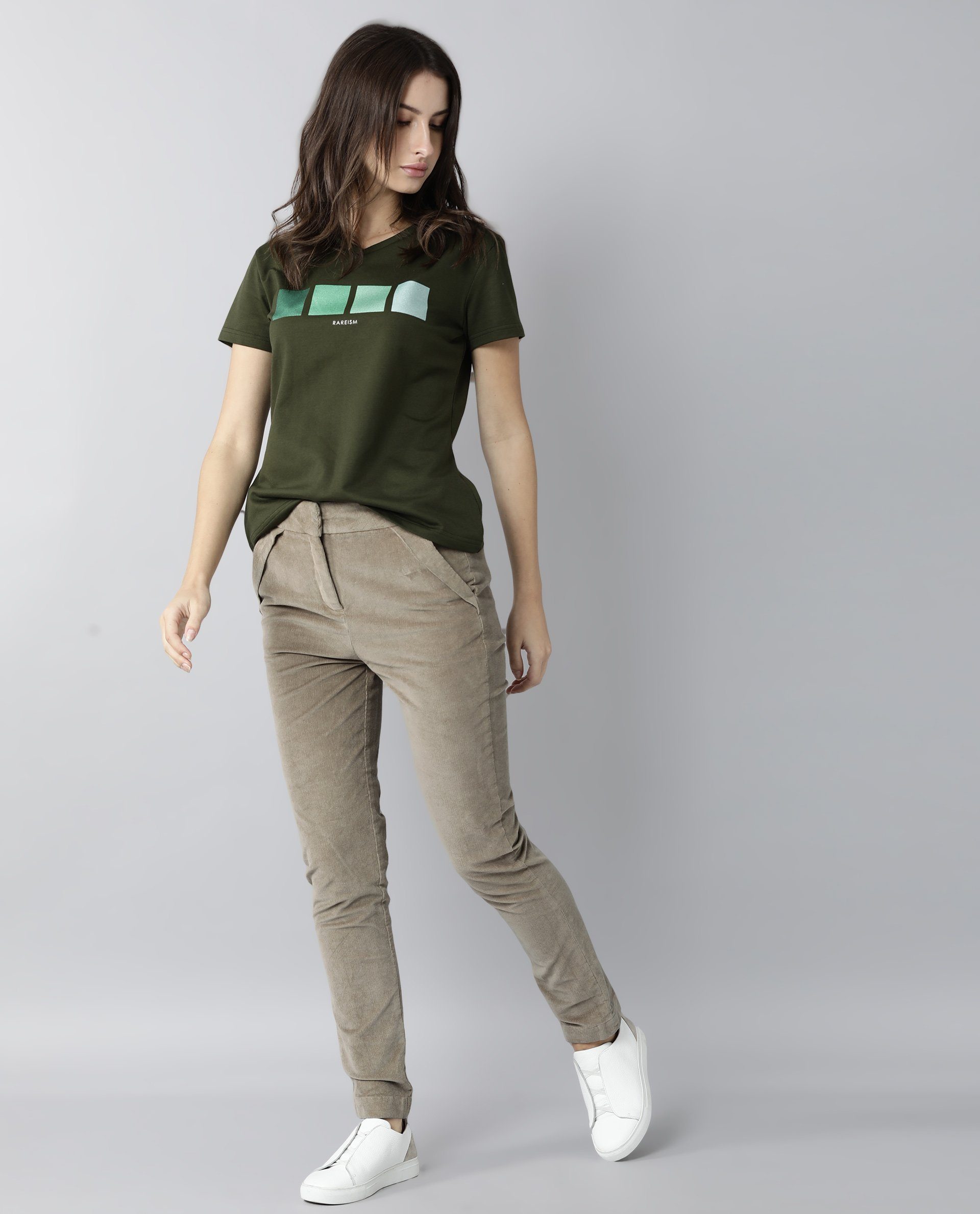 Rareism Womens Alpine Green T-Shirt Polycotton Fabric Regular Fit Short Sleeves V Neck