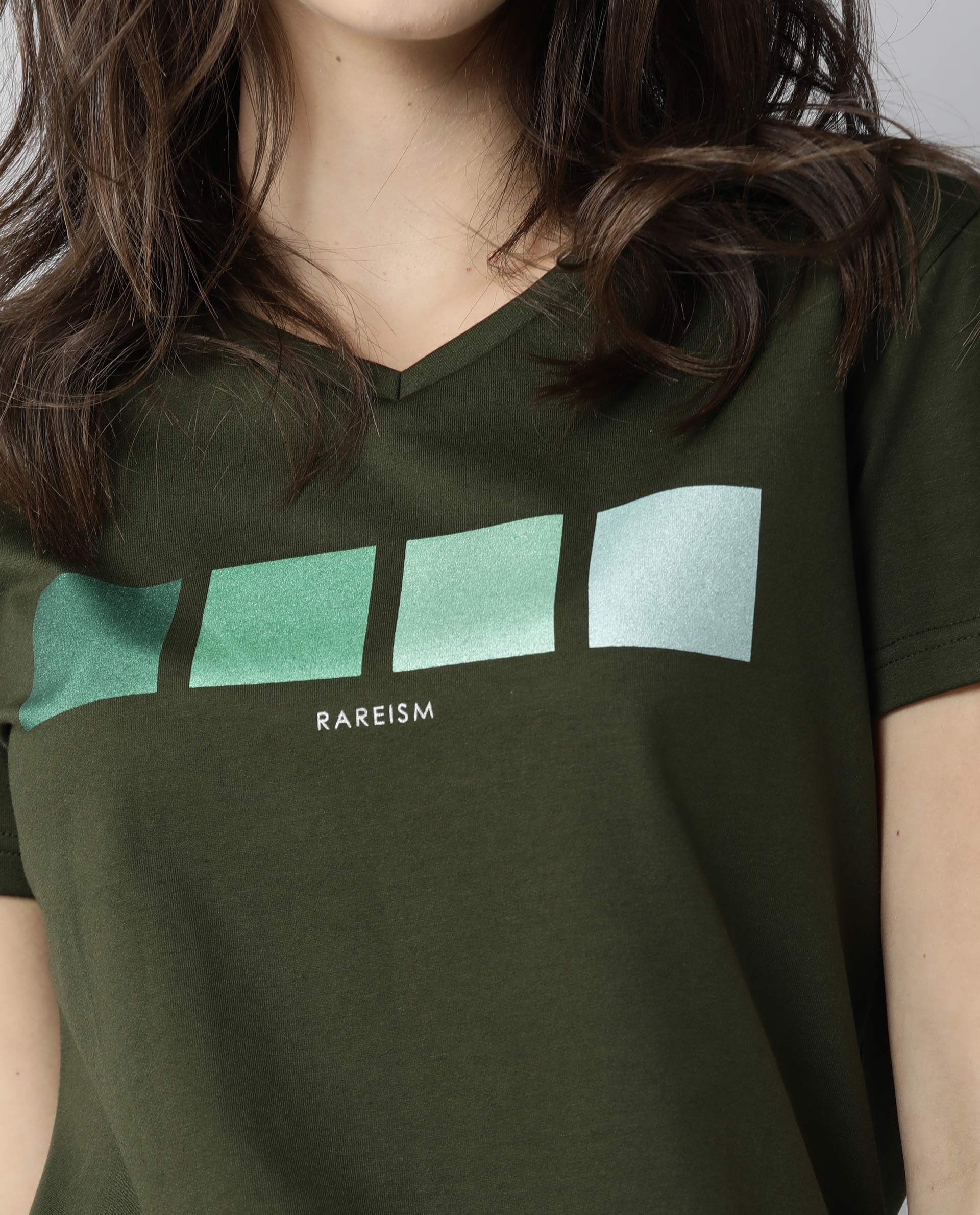 Rareism Womens Alpine Green T-Shirt Polycotton Fabric Regular Fit Short Sleeves V Neck