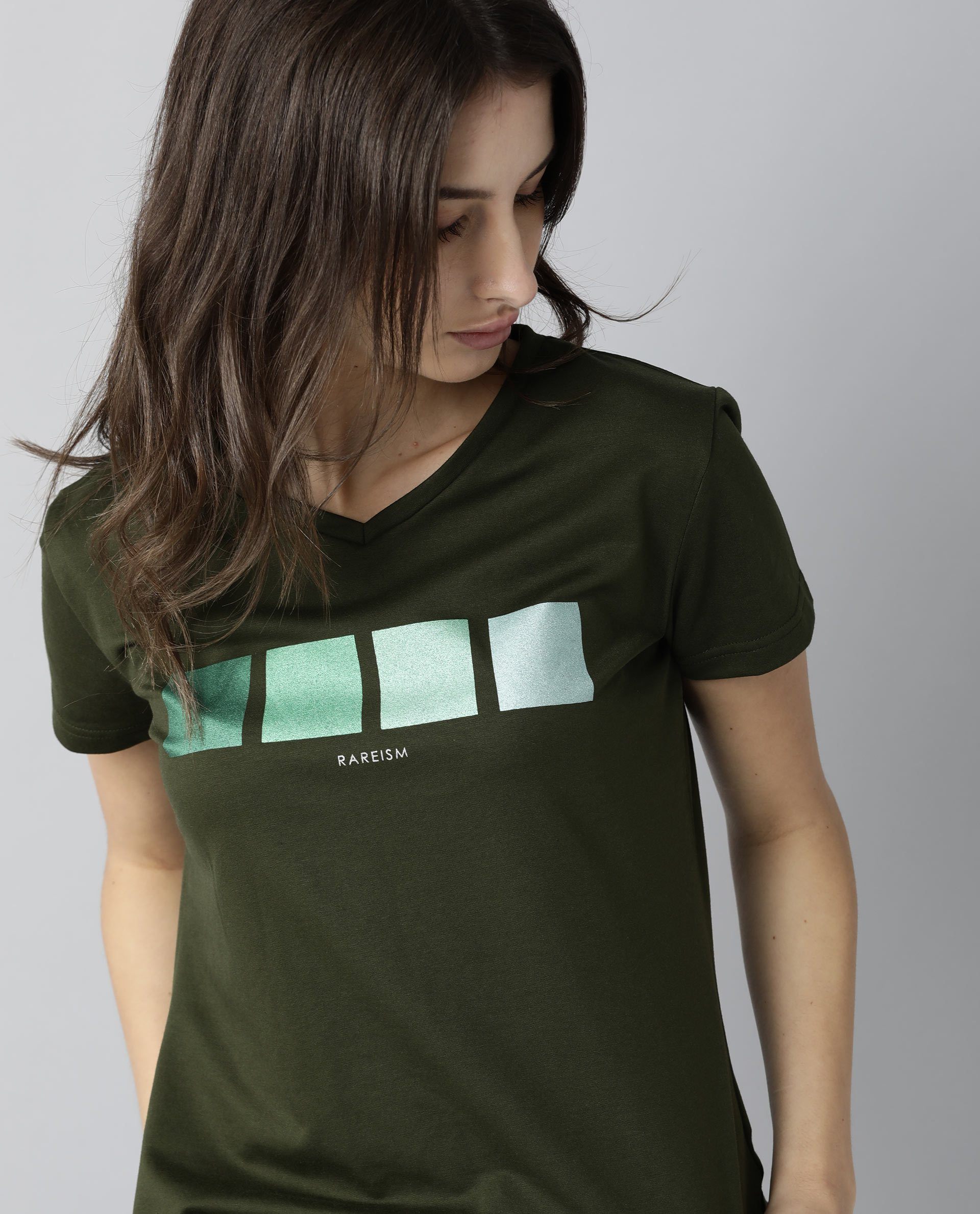 Rareism Womens Alpine Green T-Shirt Polycotton Fabric Regular Fit Short Sleeves V Neck