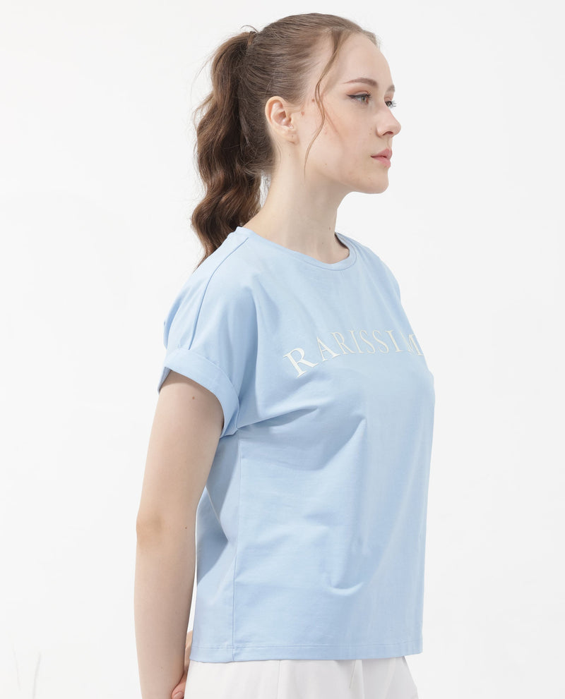 Rareism Women Alte Light Blue Cotton Elastane Fabric Crew Neck Knit Solid T-Shirt