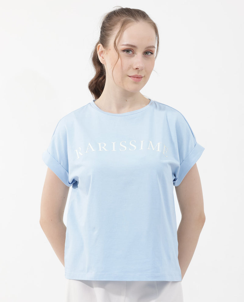 Rareism Women Alte Light Blue Cotton Elastane Fabric Crew Neck Knit Solid T-Shirt