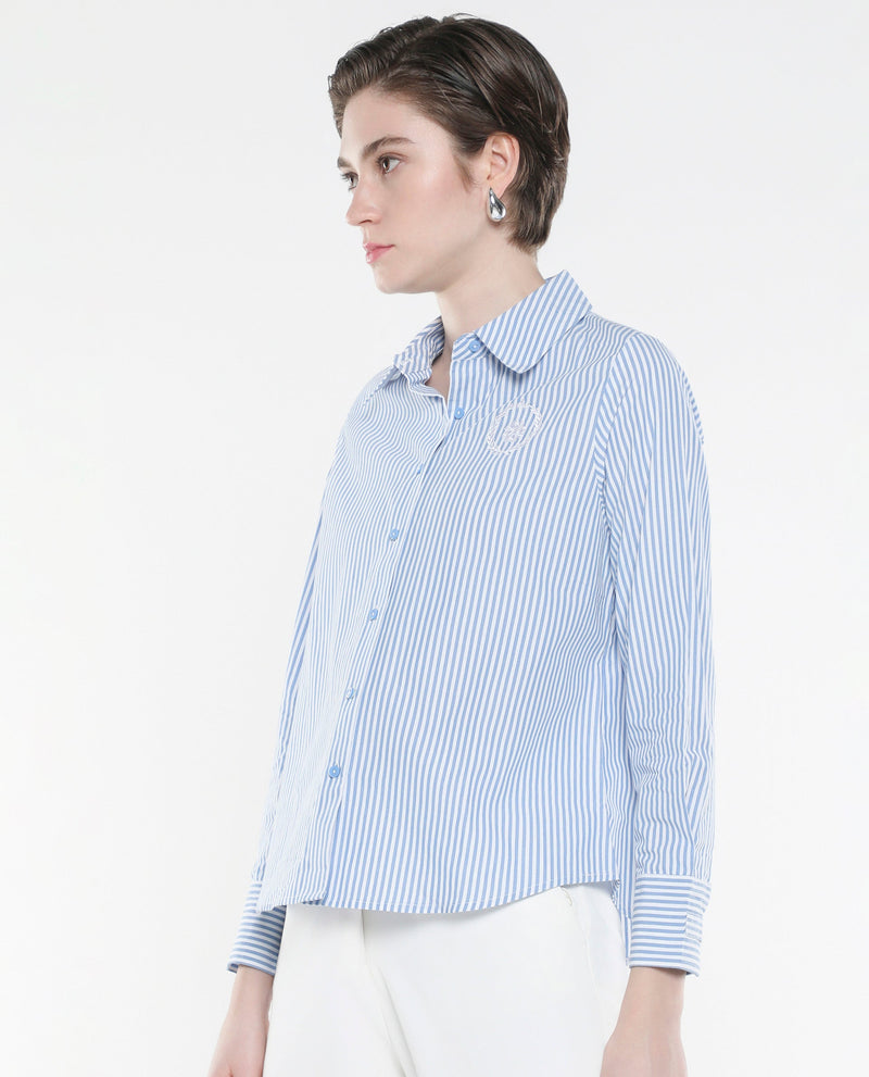 Rareism Women Alug Blue Cuffed Sleeves Collared Neck Button Closure Narrow Stripes Shirt