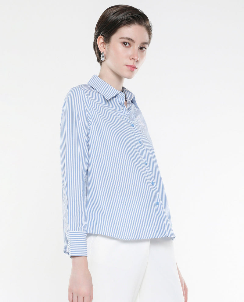 Rareism Women Alug Blue Cuffed Sleeves Collared Neck Button Closure Narrow Stripes Shirt