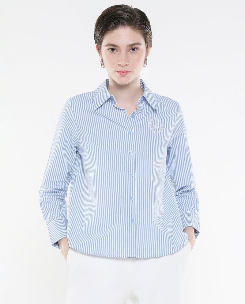 Rareism Women Alug Blue Cuffed Sleeves Collared Neck Button Closure Narrow Stripes Shirt