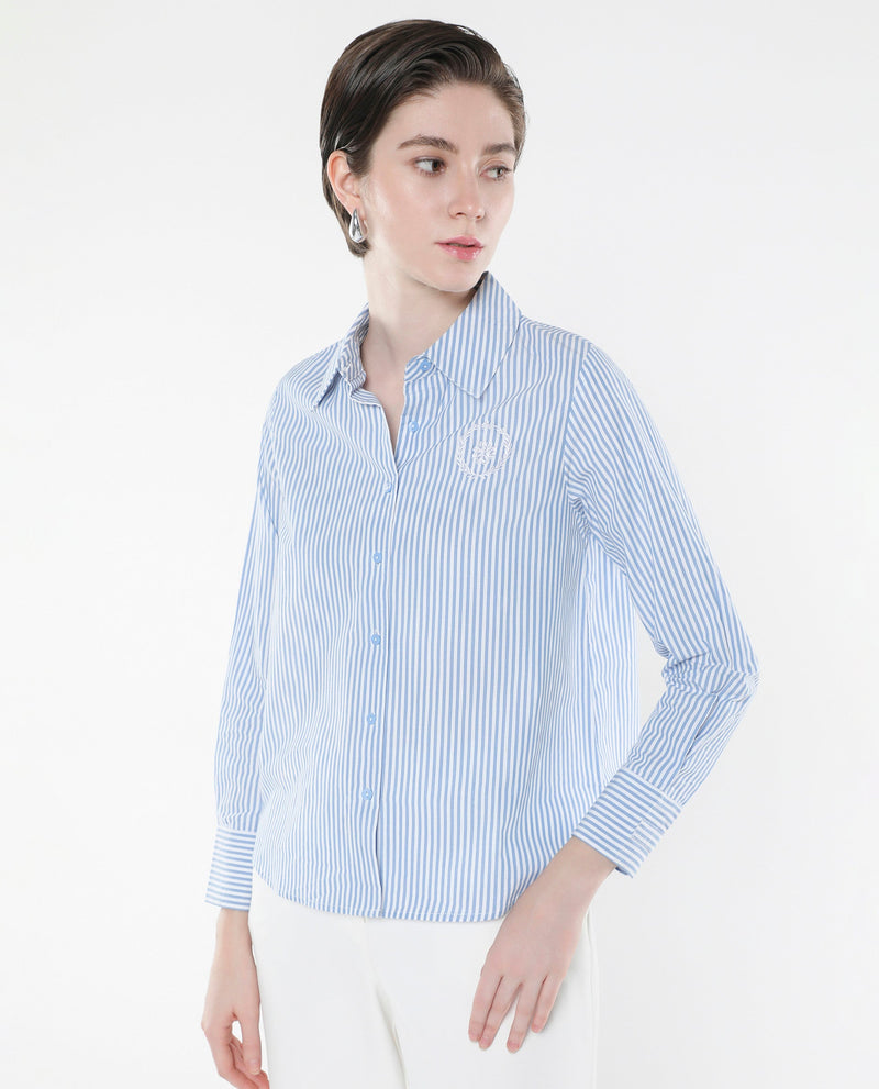 Rareism Women Alug Blue Cuffed Sleeves Collared Neck Button Closure Narrow Stripes Shirt