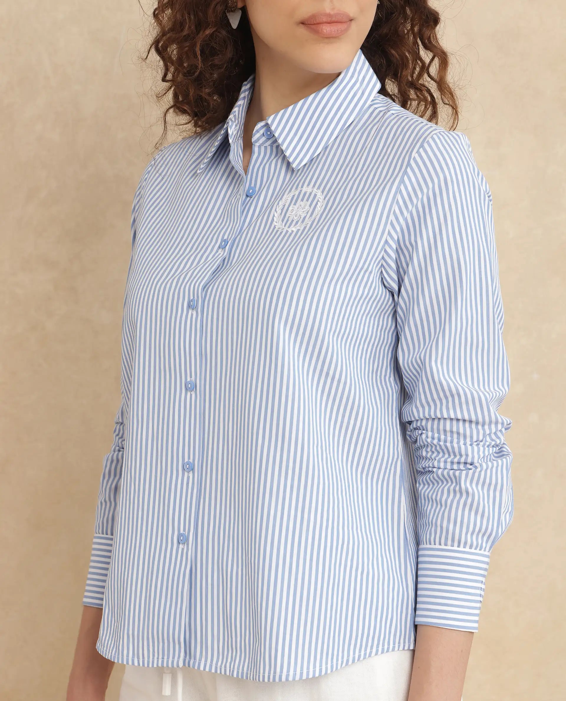 Rareism Women Alug Blue Cuffed Sleeves Collared Neck Button Closure Narrow Stripes Shirt
