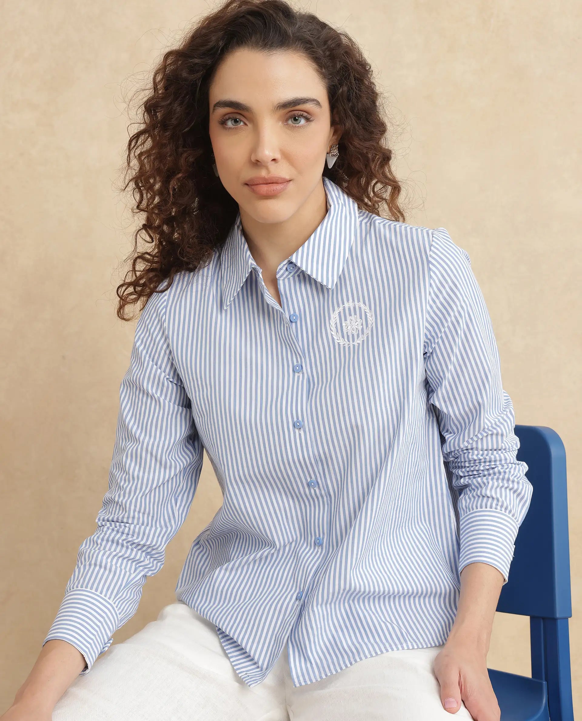 Rareism Women Alug Blue Cuffed Sleeves Collared Neck Button Closure Narrow Stripes Shirt