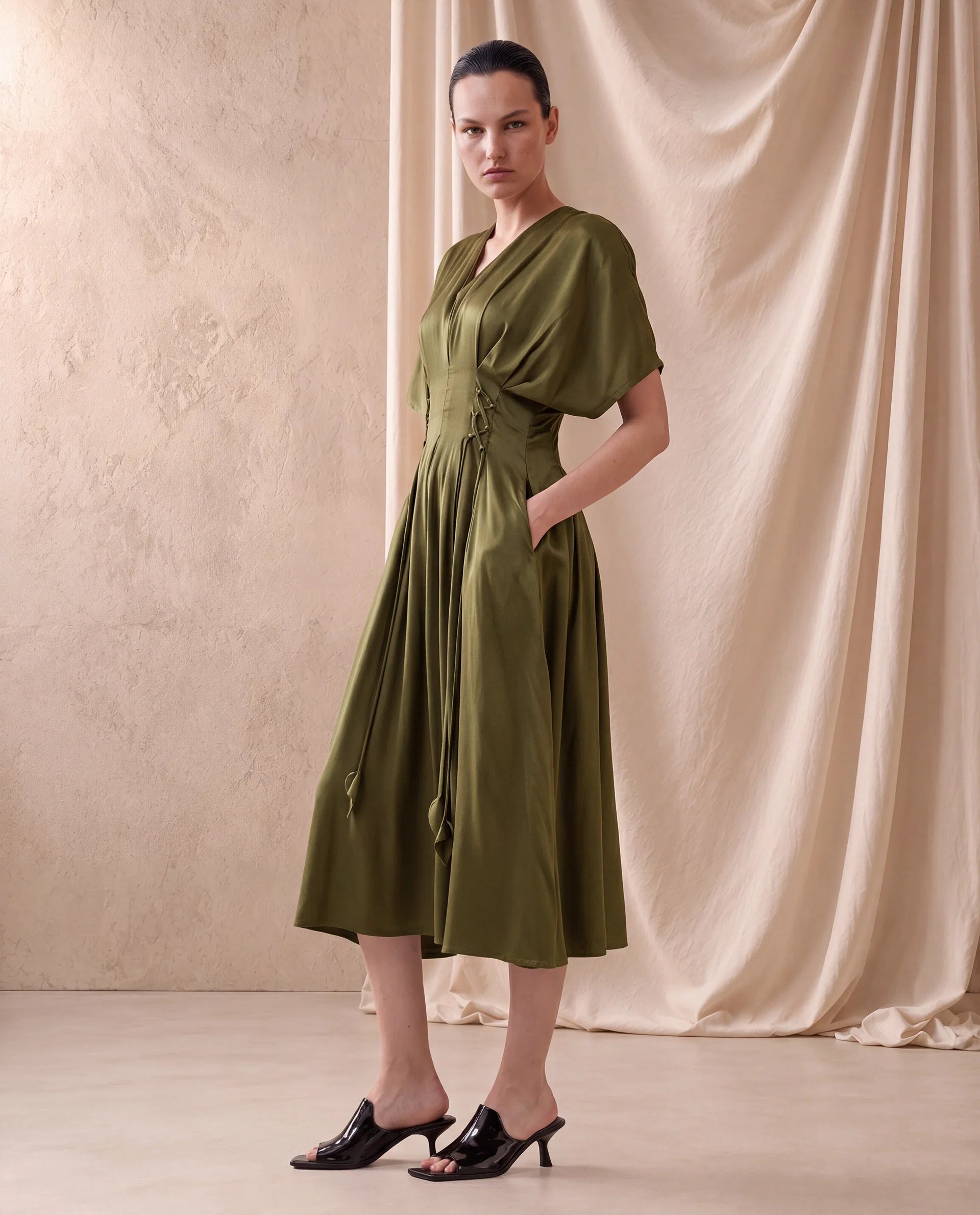 Rareism Women's Alves Olive Viscose Half Sleeve Fit And Flare Plain Dress