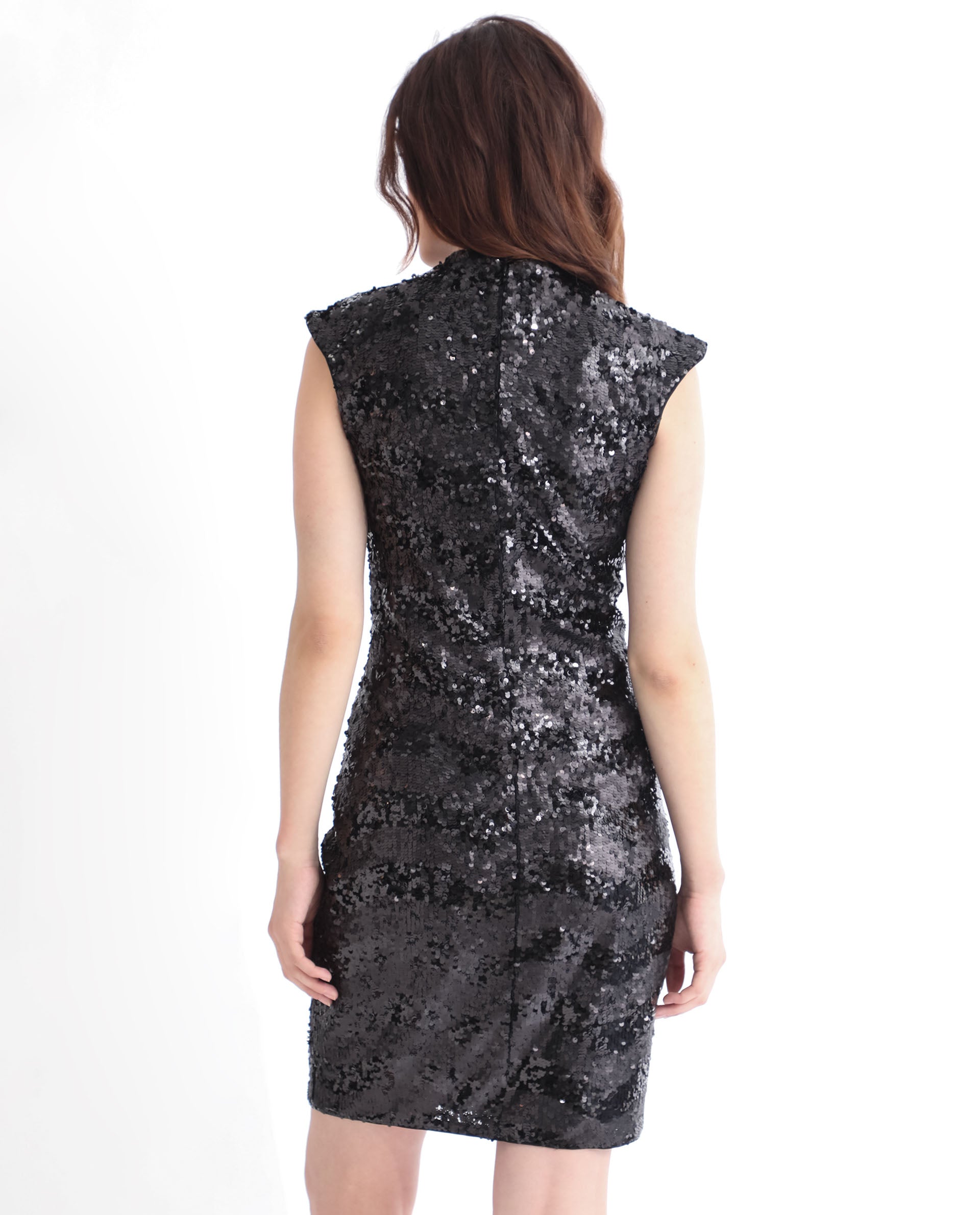 Rareism Women's Alzo Sheen Black Polyester Fabric High Neck Zipper Closure Sleeveless Sequined  Knee Length Dress
