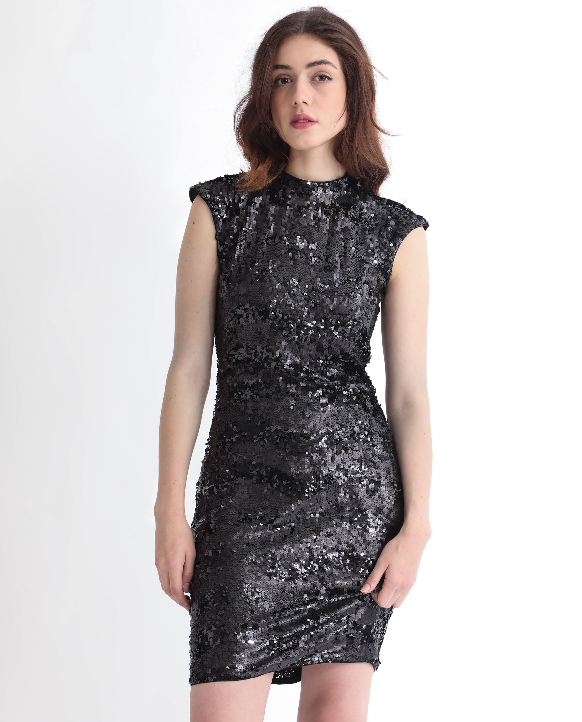 Rareism Women's Alzo Sheen Black Polyester Fabric High Neck Zipper Closure Sleeveless Sequined  Knee Length Dress