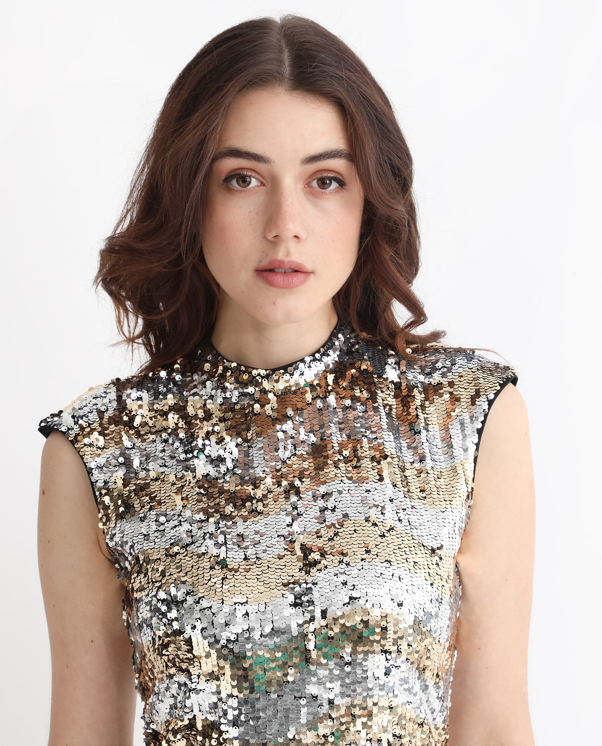 Rareism Women's Alzo Sheen Silver Polyester Fabric High Neck Zipper Closure Sleeveless Sequined  Knee Length Dress