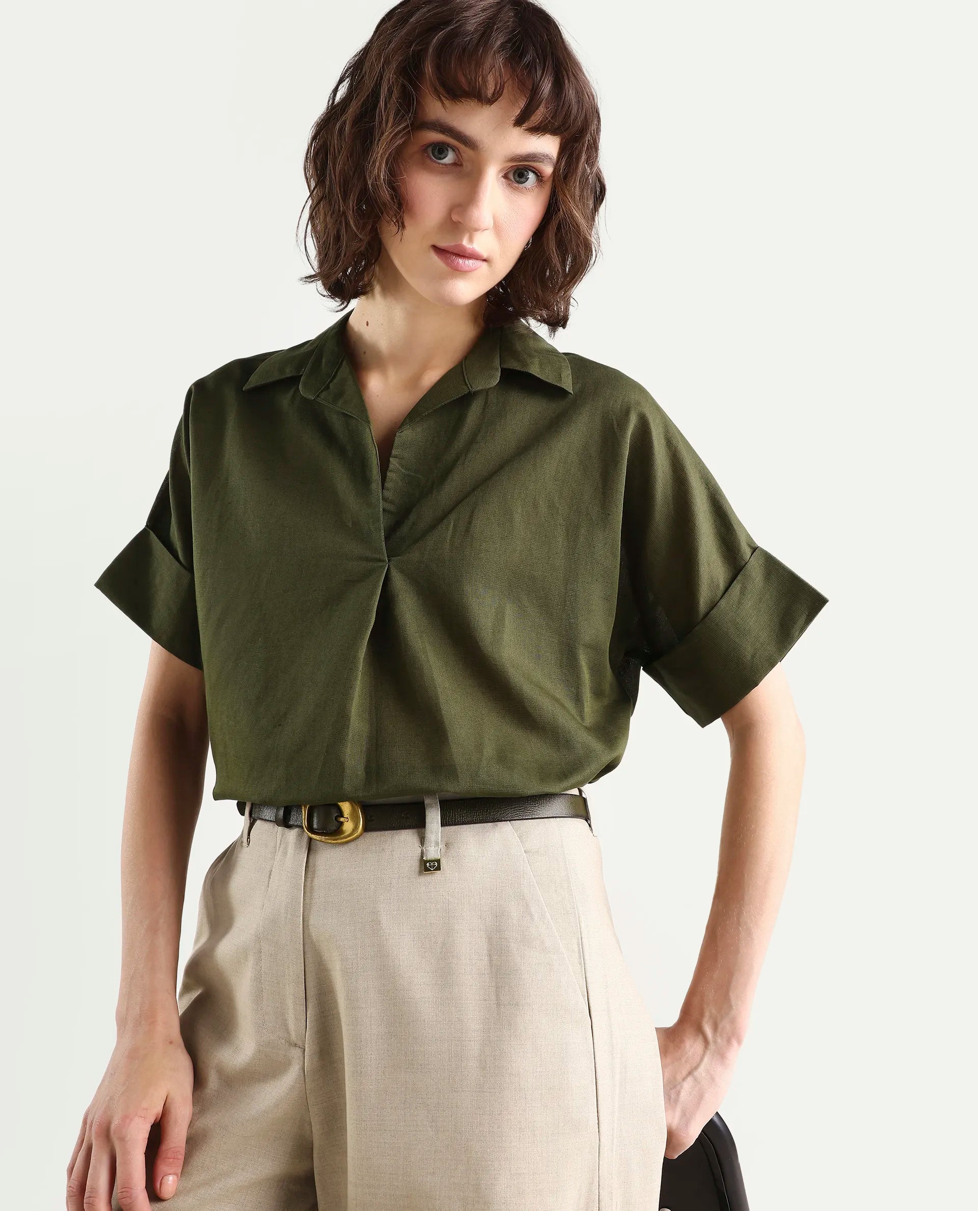 Rareism Women's Alzure Olive Linen Blend Half Sleeve Jonny Collar Boxy Plain Top