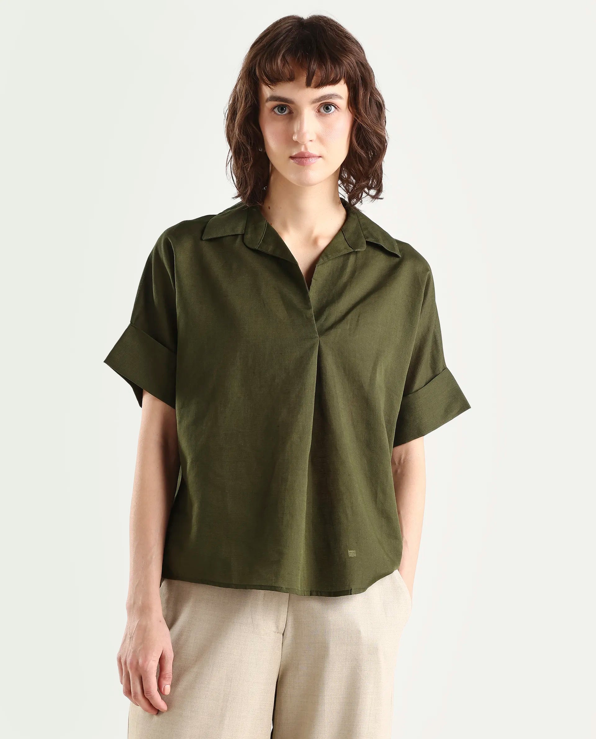 Rareism Women's Alzure Olive Linen Blend Half Sleeve Jonny Collar Boxy Plain Top