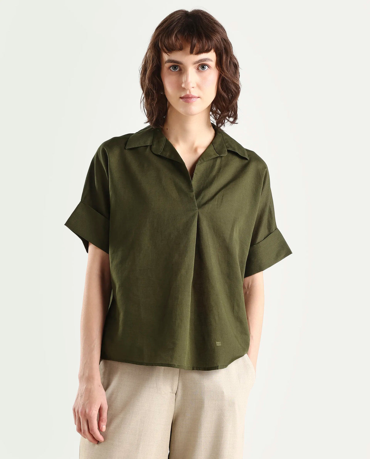 Rareism Women's Alzure Olive Linen Blend Half Sleeve Jonny Collar Boxy Plain Top