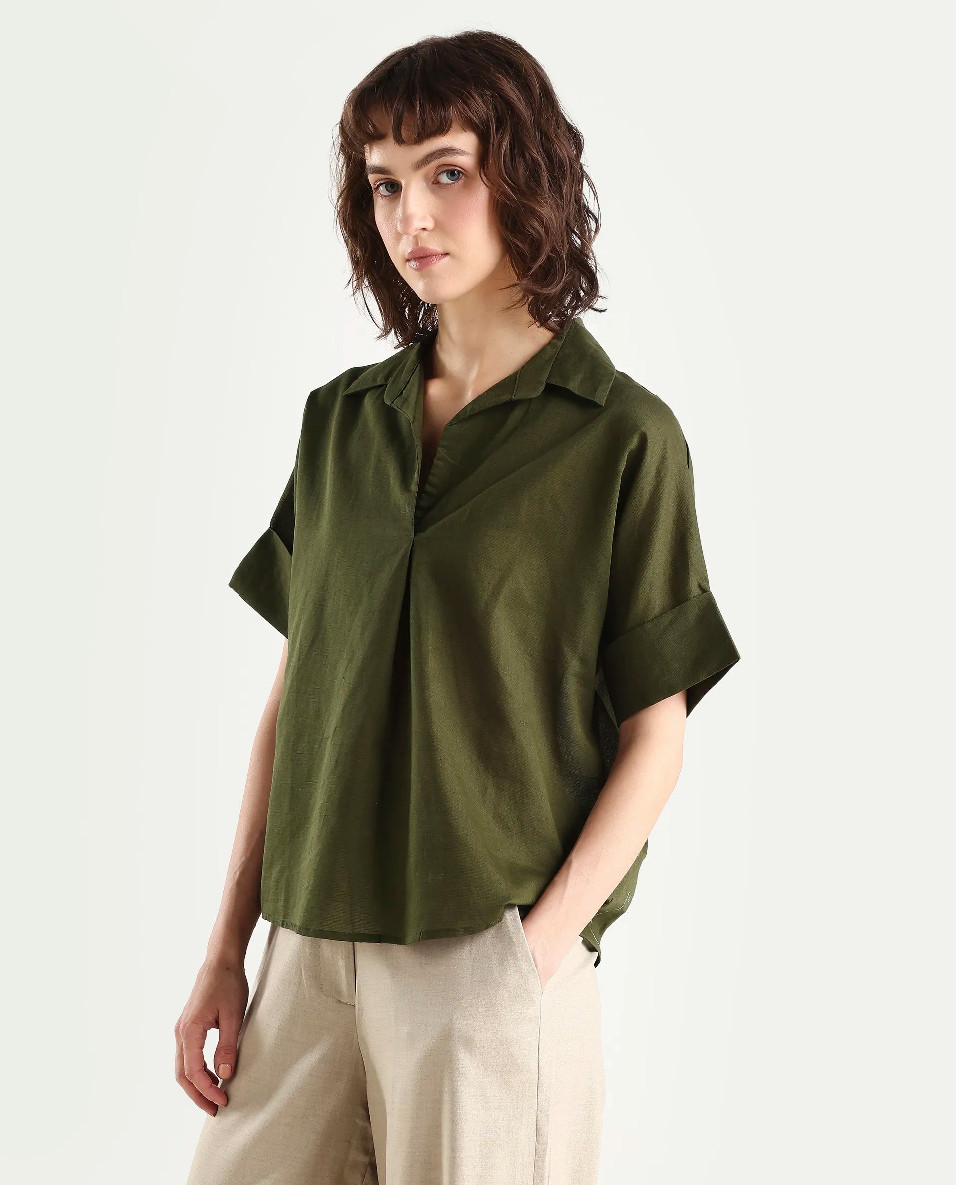 Rareism Women's Alzure Olive Linen Blend Half Sleeve Jonny Collar Boxy Plain Top