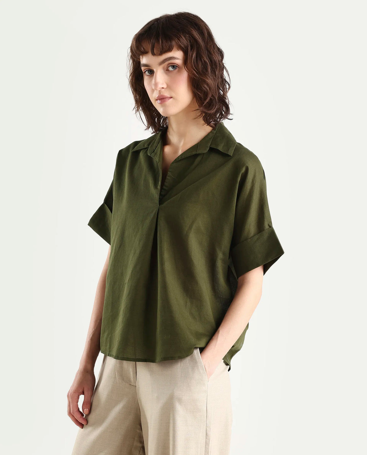 Rareism Women's Alzure Olive Linen Blend Half Sleeve Jonny Collar Boxy Plain Top