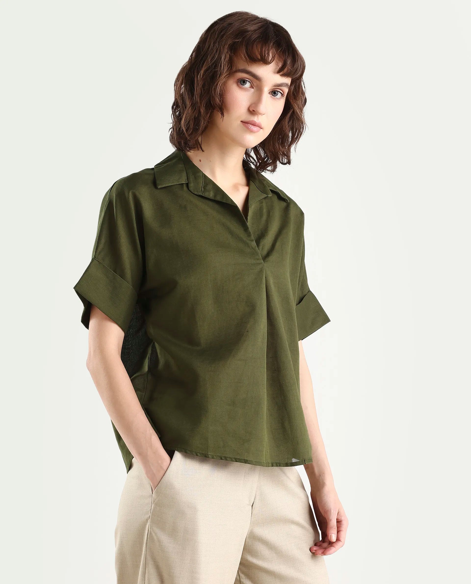 Rareism Women's Alzure Olive Linen Blend Half Sleeve Jonny Collar Boxy Plain Top