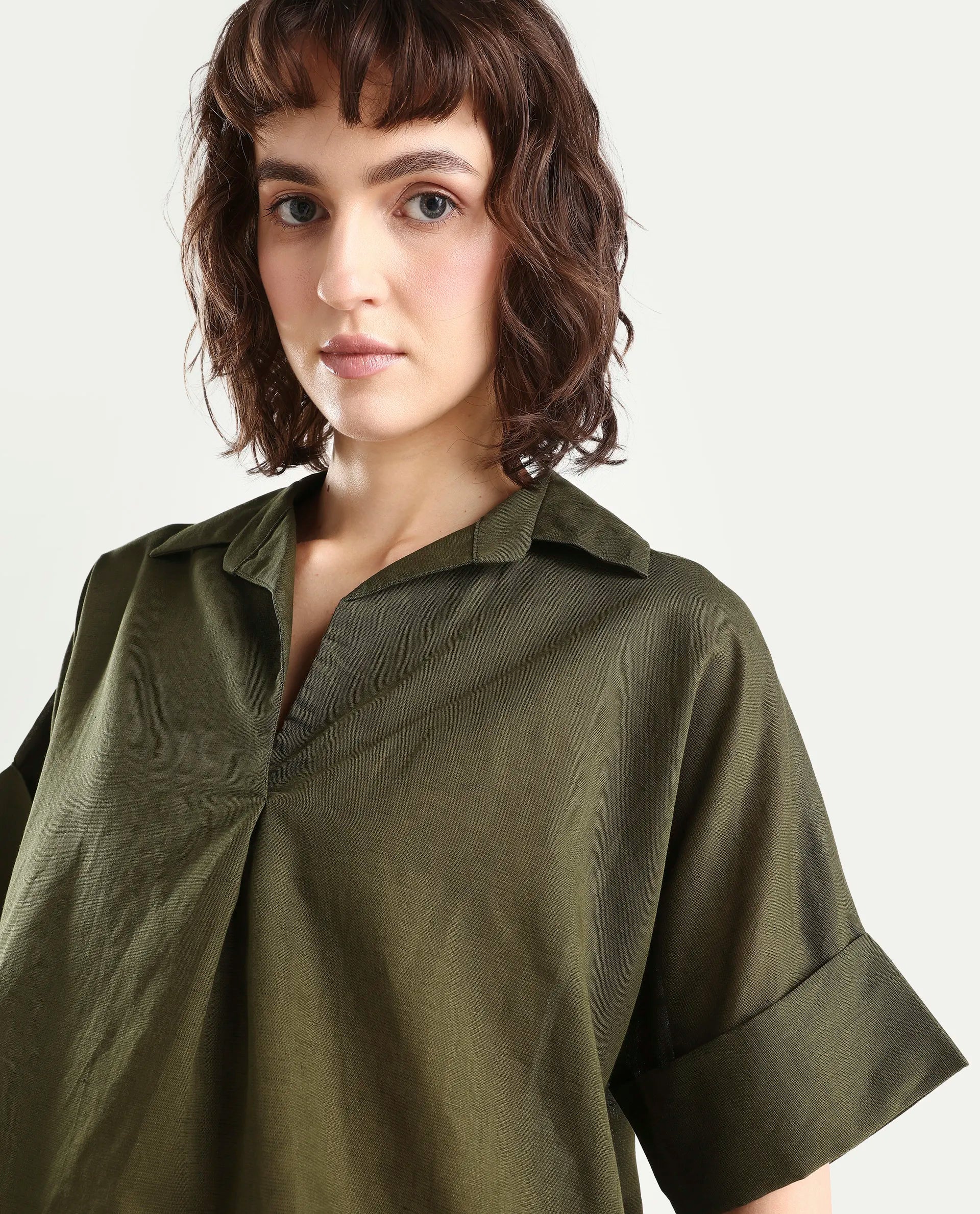 Rareism Women's Alzure Olive Linen Blend Half Sleeve Jonny Collar Boxy Plain Top