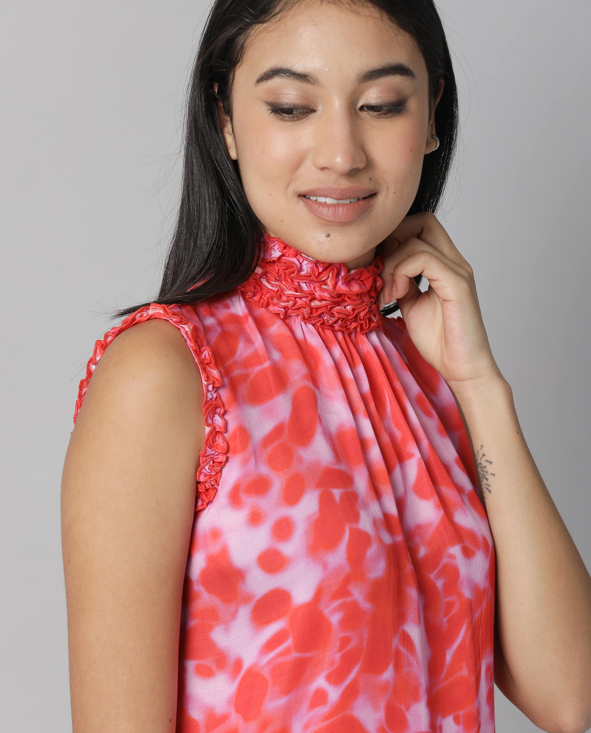 Rareism Womens Amaze Red Top Modal Fabric Regular Fit Sleeveless High Neck