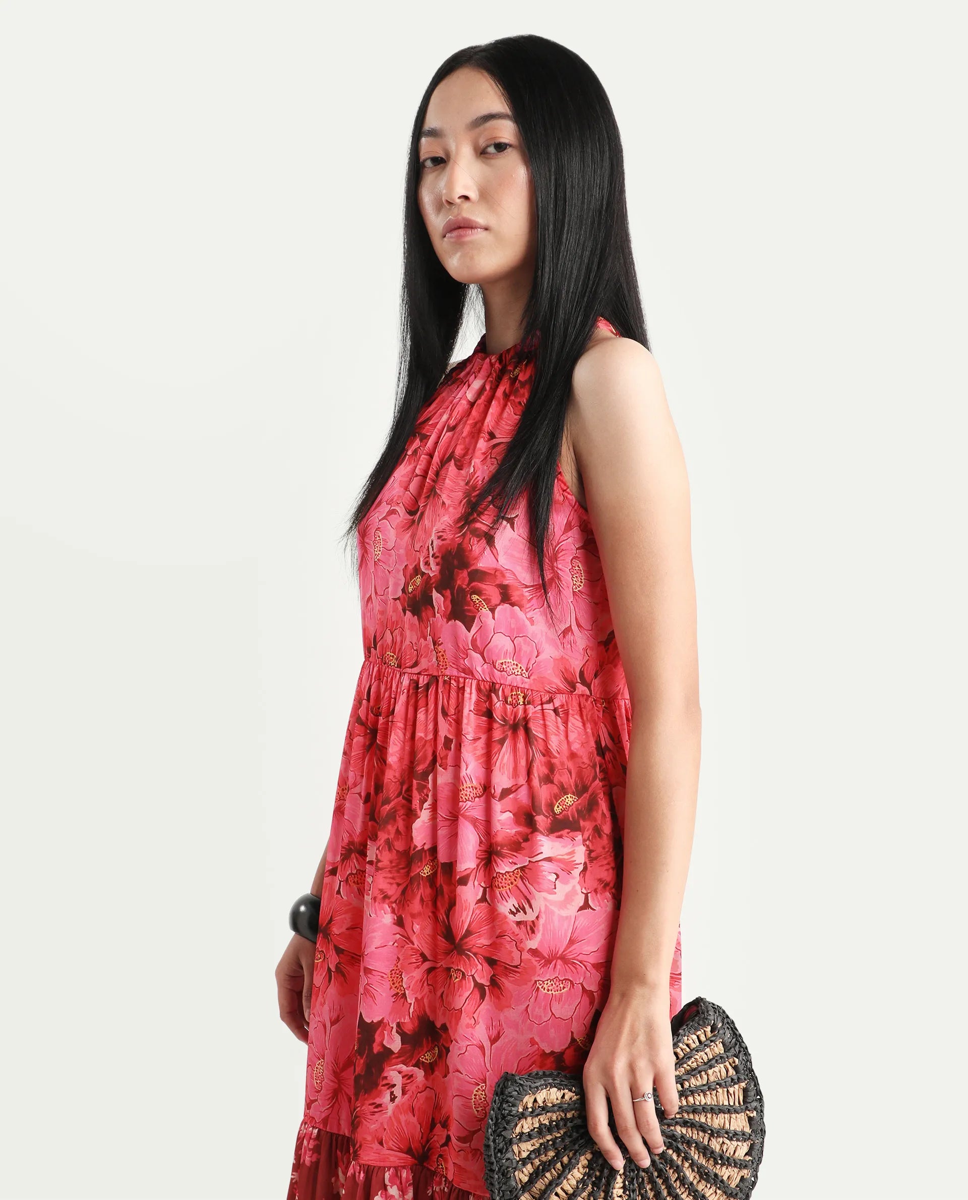 Rareism Women's Amilio Maroon Polyester Halter Neck Floral Print Sleeveless Maxi Regular Fit Dress