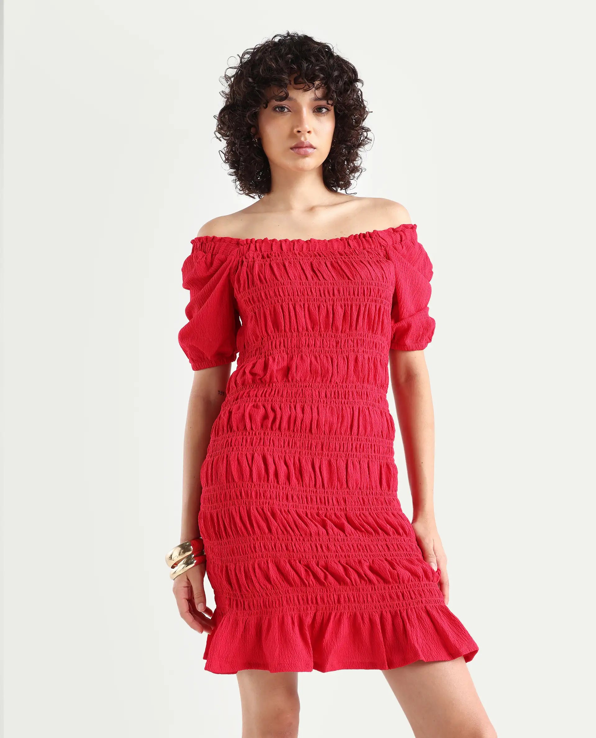 Rareism Women's Ammo Red Viscose Fabric Short Sleeves Square Neck Puff  Sleeve Regular Fit Plain Knee Length Flared Dress(XXS)