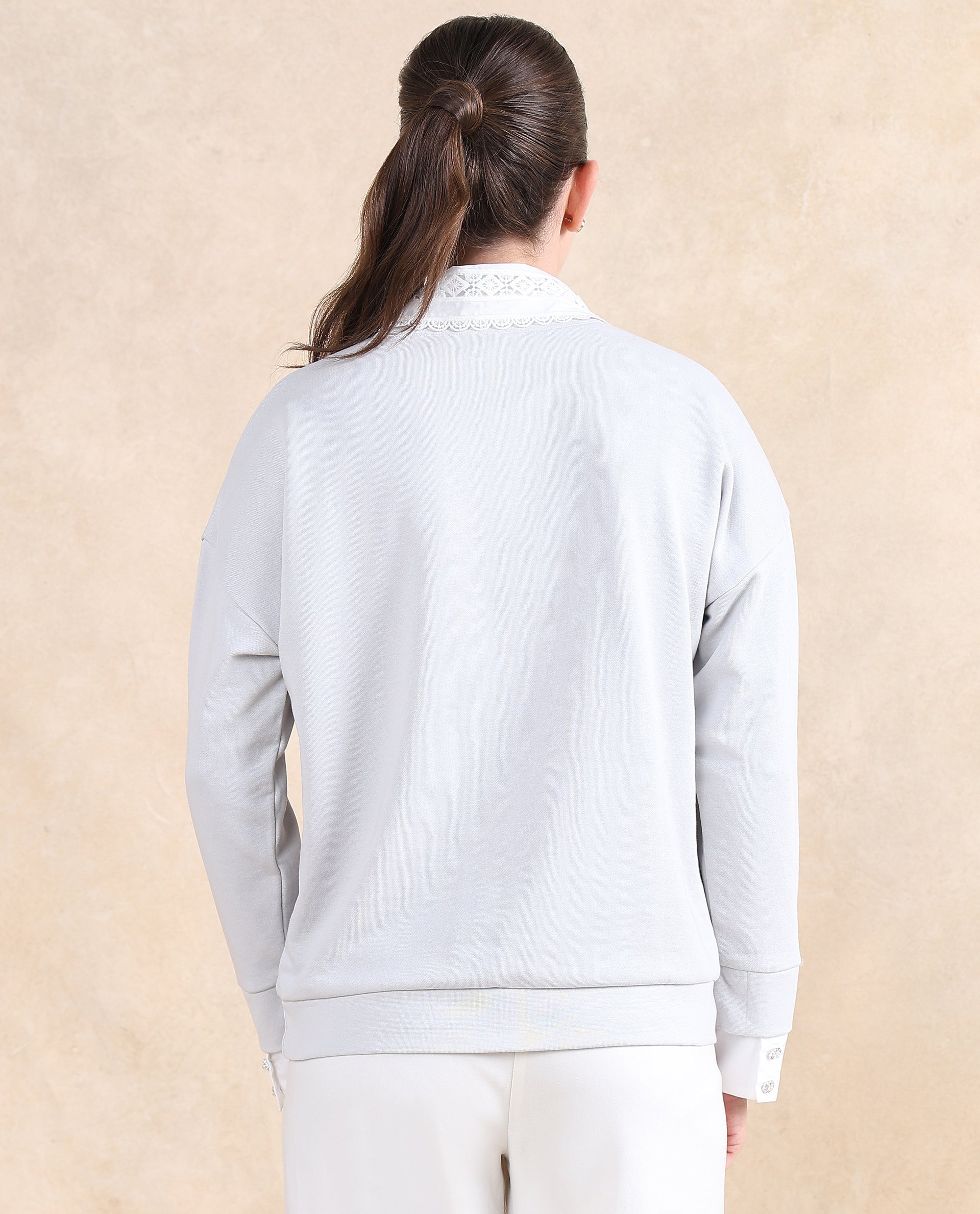 Rareism Women's Amour Light Grey Cotton Blend Drop Collar Dyed Relaxed Fit Sweatshirt