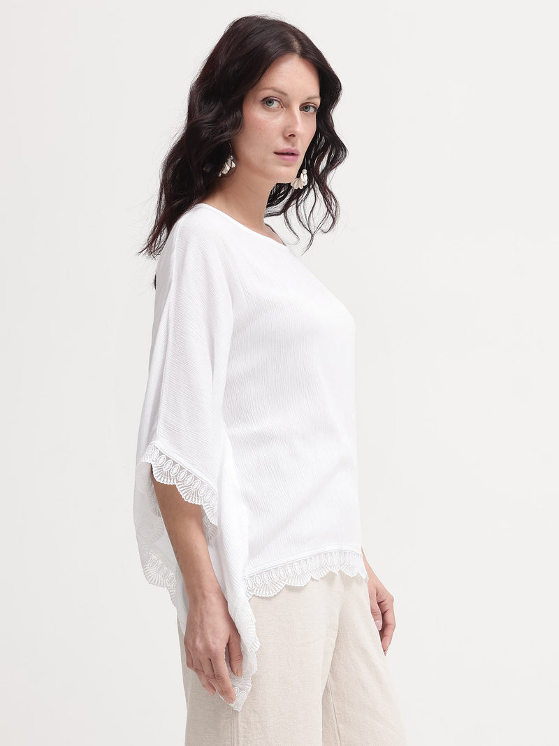 Rareism Women Ancona White Kimono Sleeve Boat Neck Relaxed Fit Plain Top