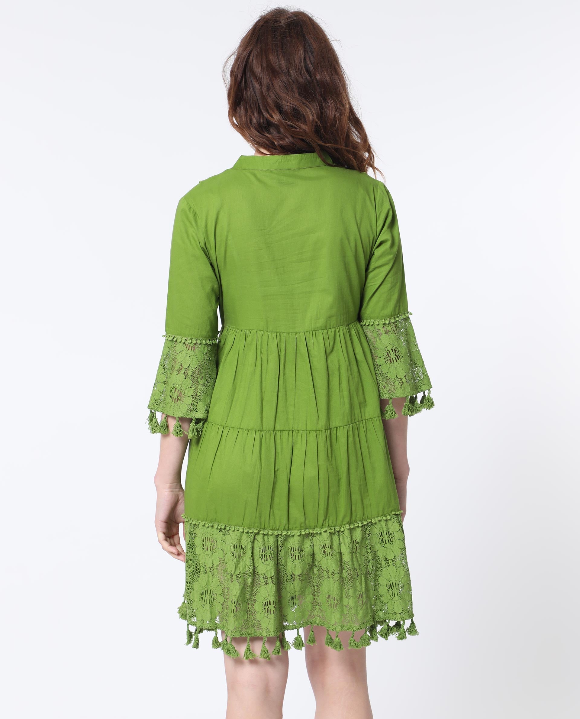 Rareism Women Andarin Fluorescent Green Mandarin Collar With Tie Up Lace Bell Sleeves With Lace Mini Dress