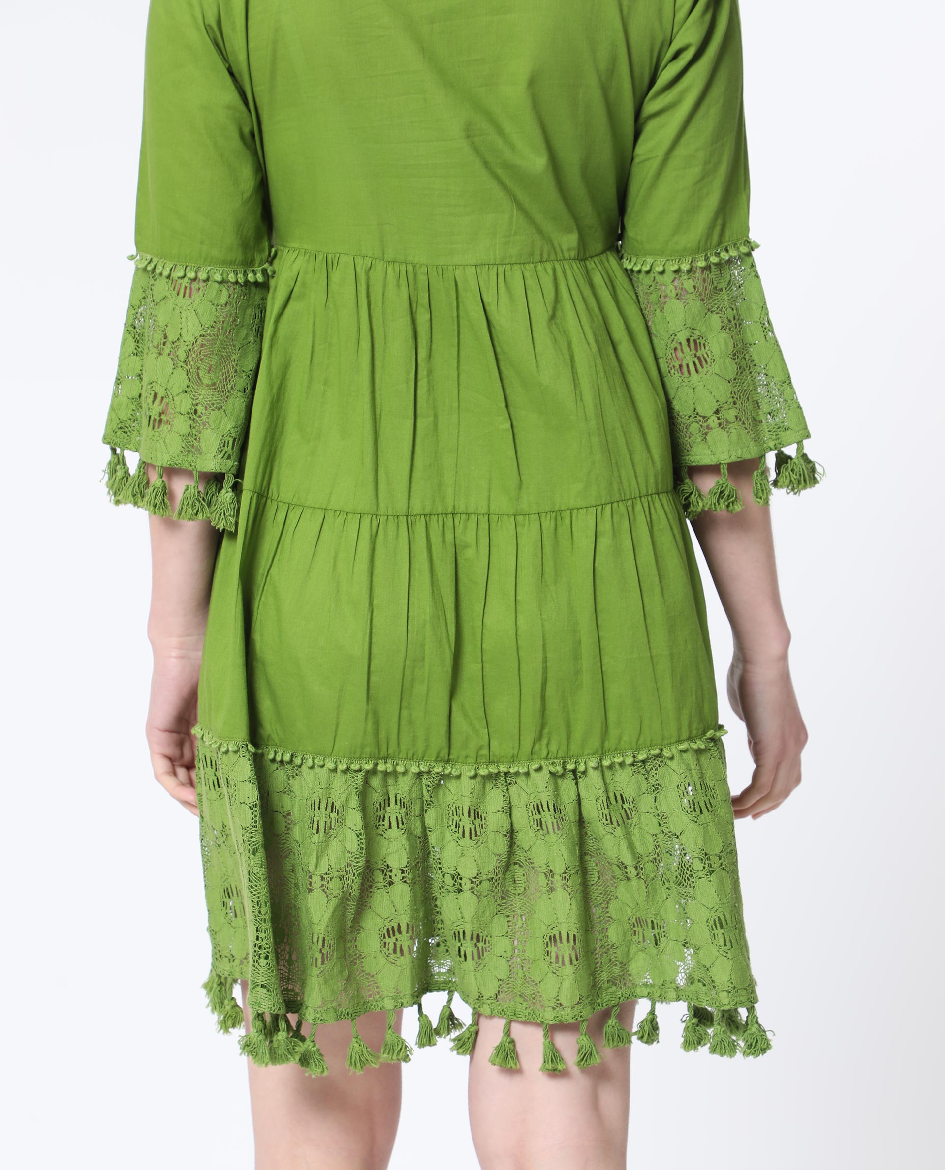 Rareism Women Andarin Fluorescent Green Mandarin Collar With Tie Up Lace Bell Sleeves With Lace Mini Dress