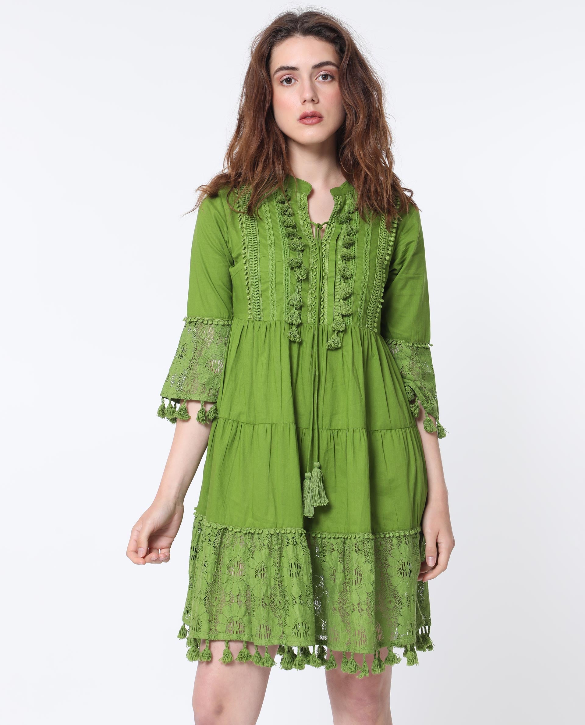 Rareism Women Andarin Fluorescent Green Mandarin Collar With Tie Up Lace Bell Sleeves With Lace Mini Dress