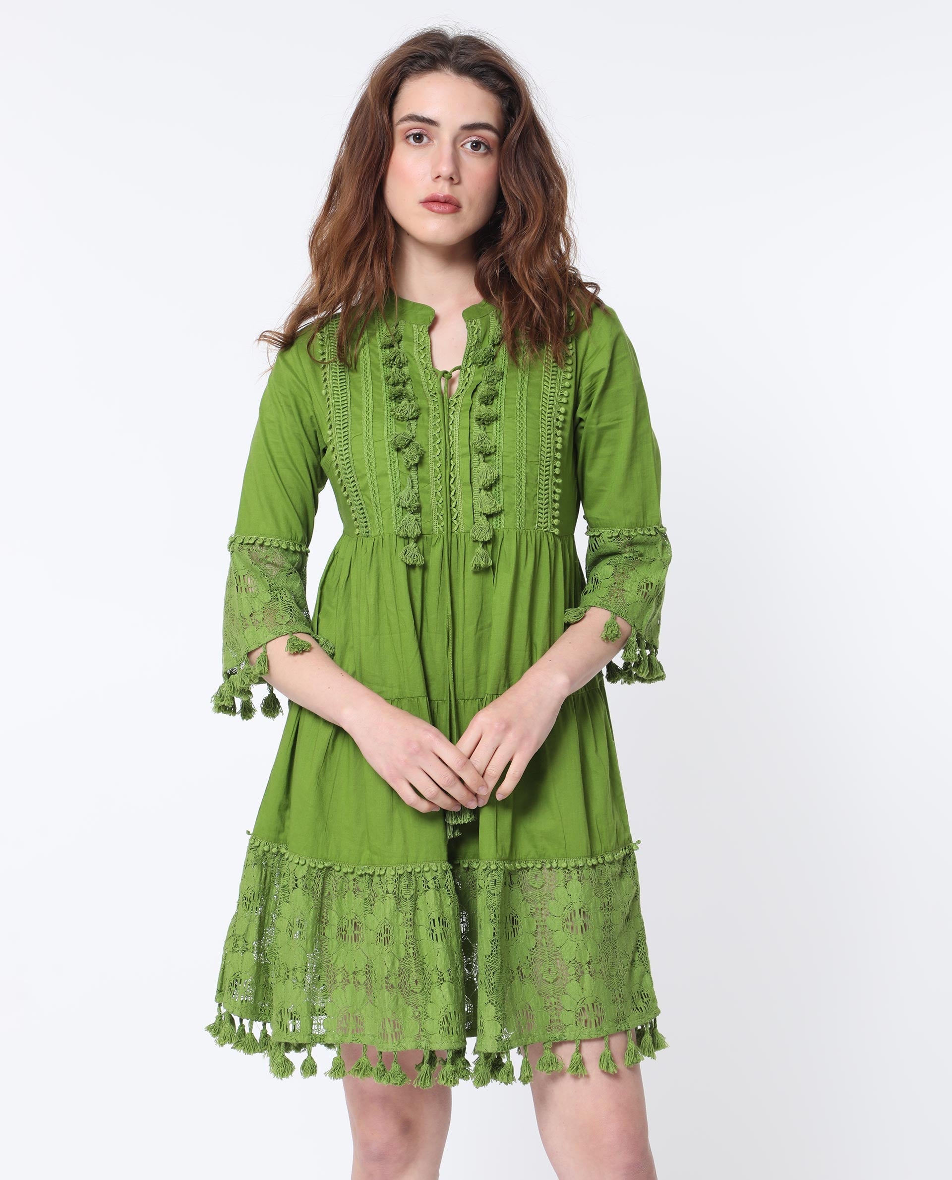 Rareism Women Andarin Fluorescent Green Mandarin Collar With Tie Up Lace Bell Sleeves With Lace Mini Dress