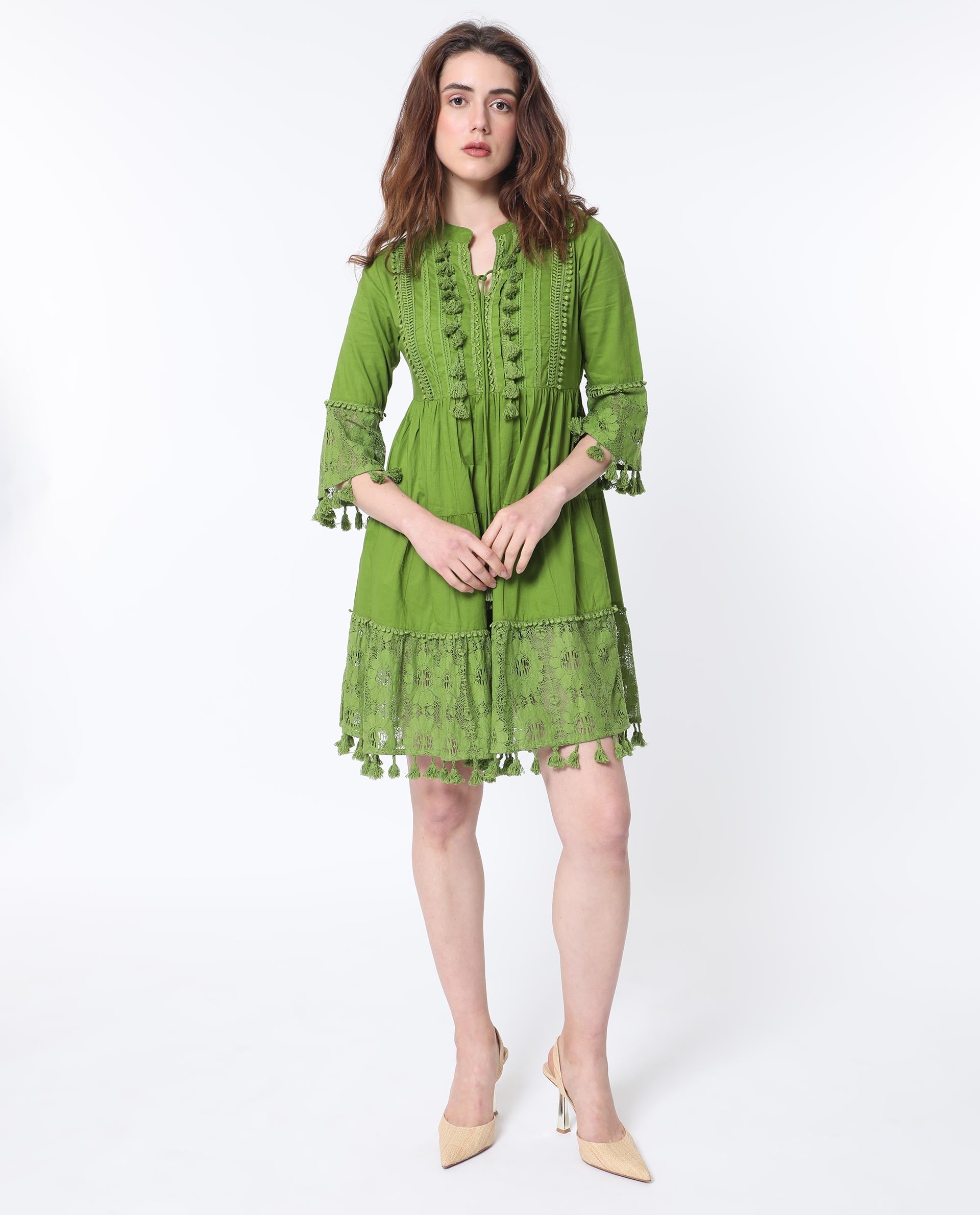 Rareism Women Andarin Fluorescent Green Mandarin Collar With Tie Up Lace Bell Sleeves With Lace Mini Dress