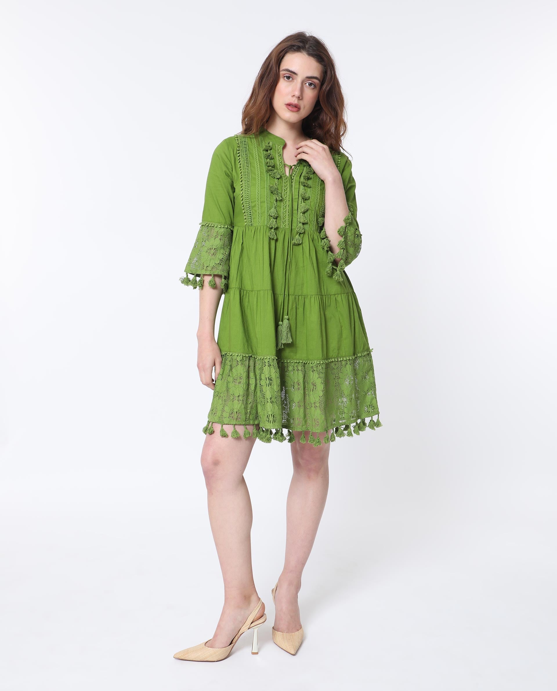 Rareism Women Andarin Fluorescent Green Mandarin Collar With Tie Up Lace Bell Sleeves With Lace Mini Dress