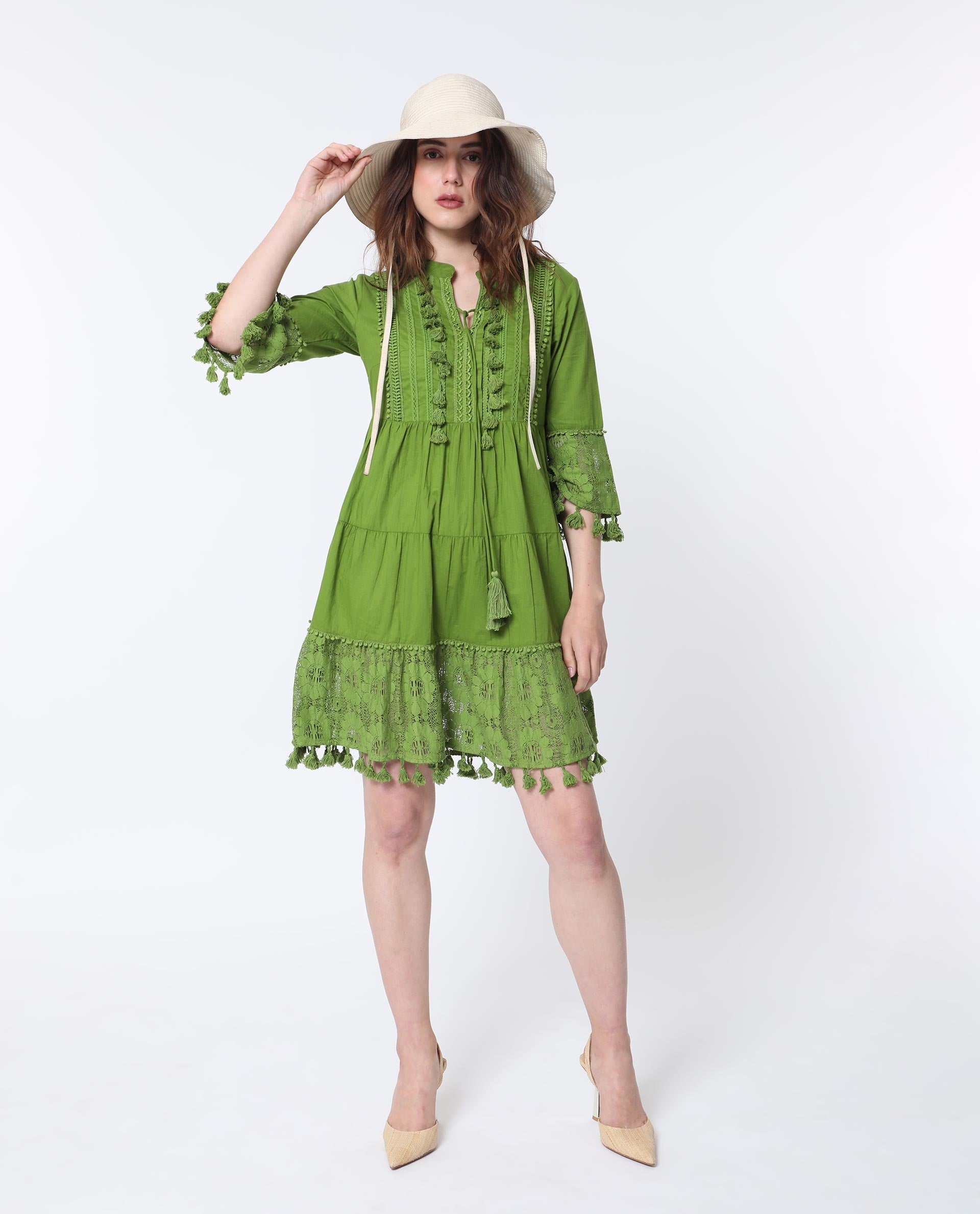 Rareism Women Andarin Fluorescent Green Mandarin Collar With Tie Up Lace Bell Sleeves With Lace Mini Dress