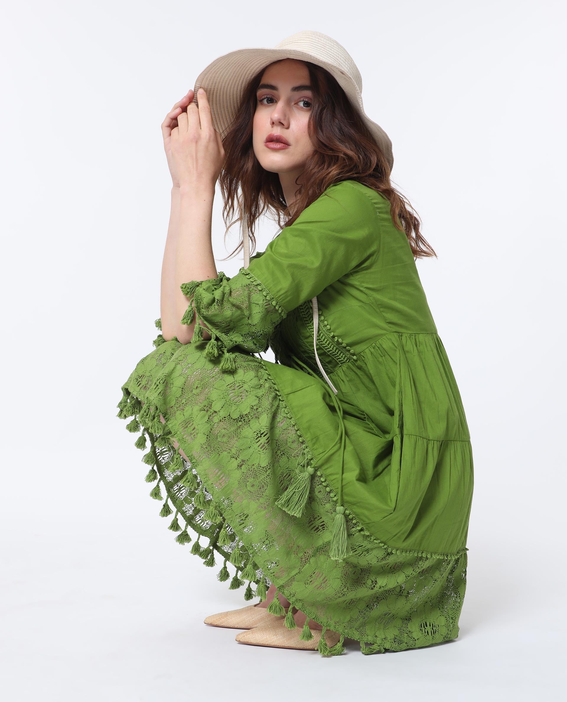 Rareism Women Andarin Fluorescent Green Mandarin Collar With Tie Up Lace Bell Sleeves With Lace Mini Dress