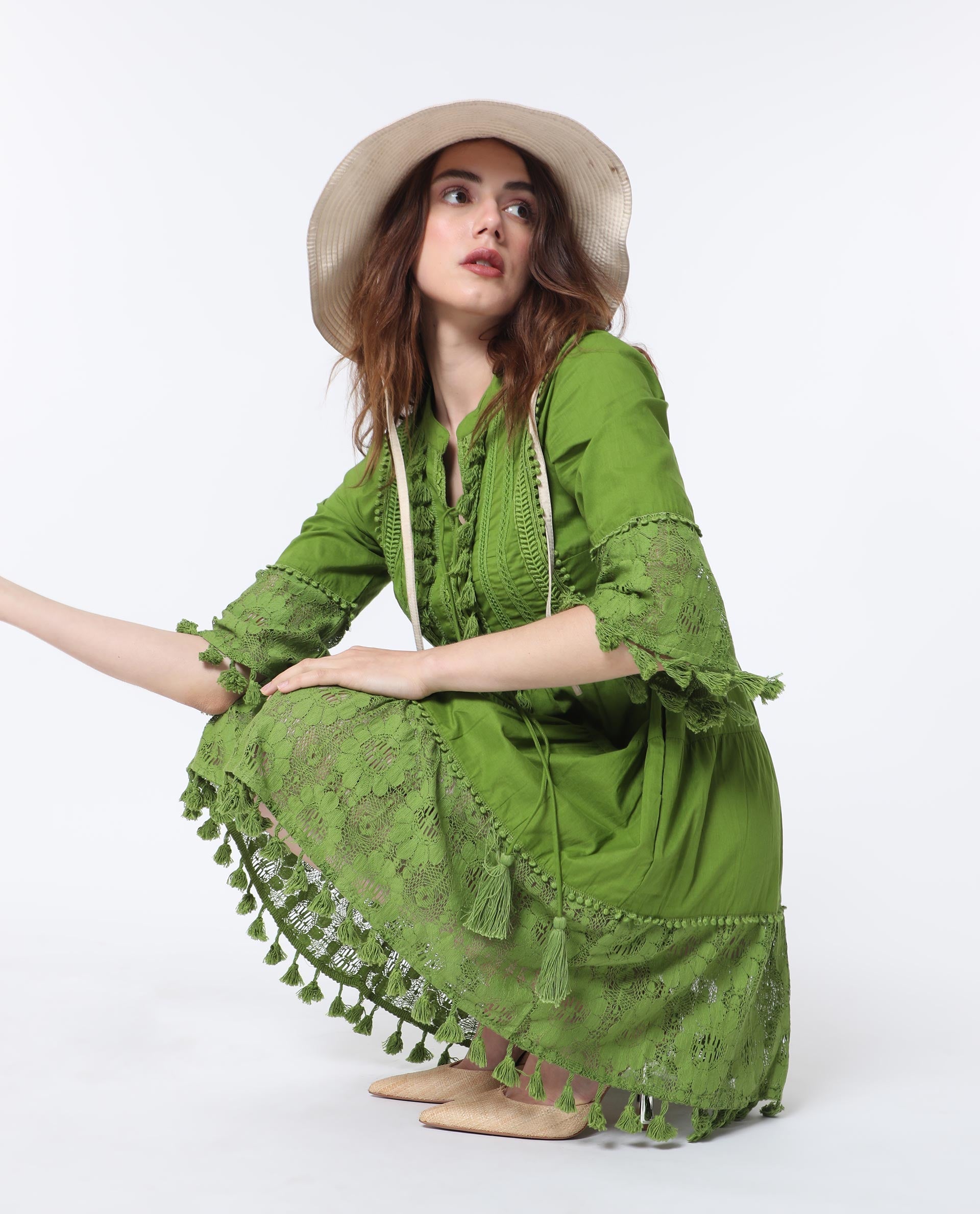 Rareism Women Andarin Fluorescent Green Mandarin Collar With Tie Up Lace Bell Sleeves With Lace Mini Dress