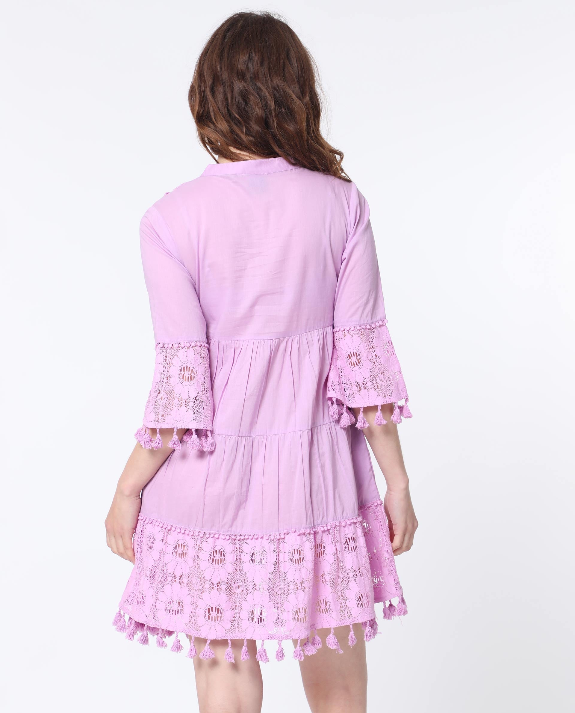 Rareism Women Andarin Light Purple Mandarin Collar With Tie Up Bell Sleeves Tiered Lacy Mini Dress