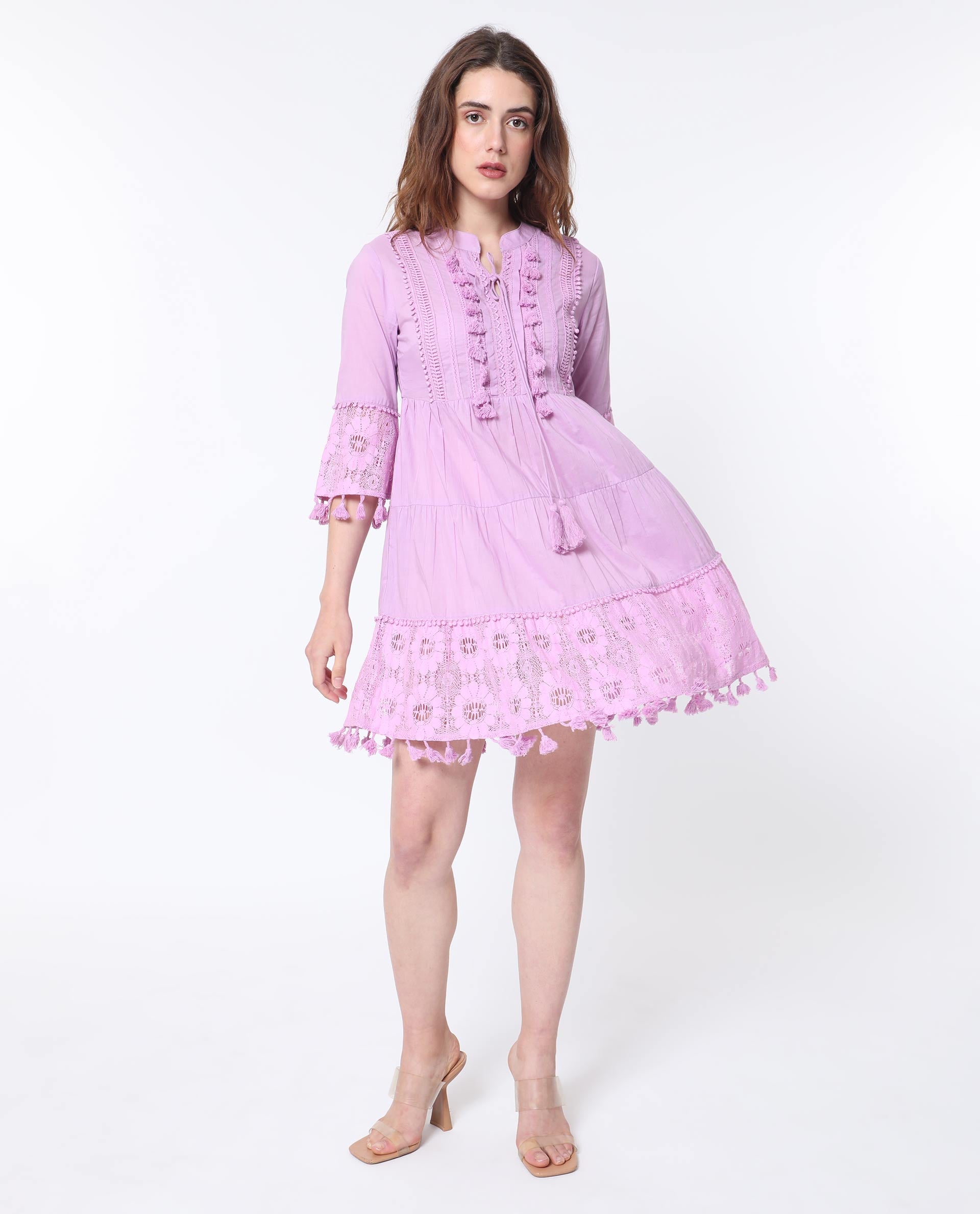 Rareism Women Andarin Light Purple Mandarin Collar With Tie Up Bell Sleeves Tiered Lacy Mini Dress