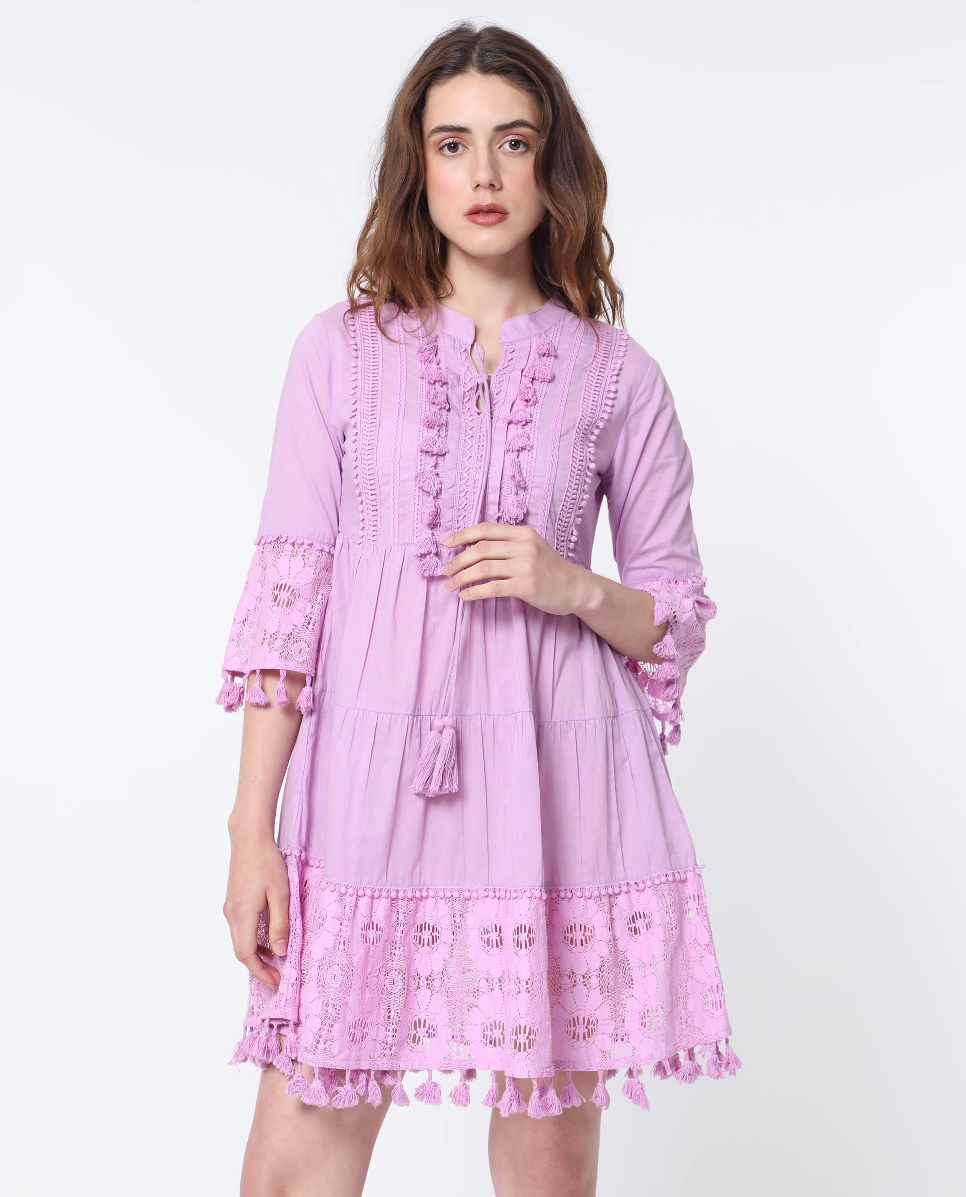 Rareism Women Andarin Light Purple Mandarin Collar With Tie Up Bell Sleeves Tiered Lacy Mini Dress