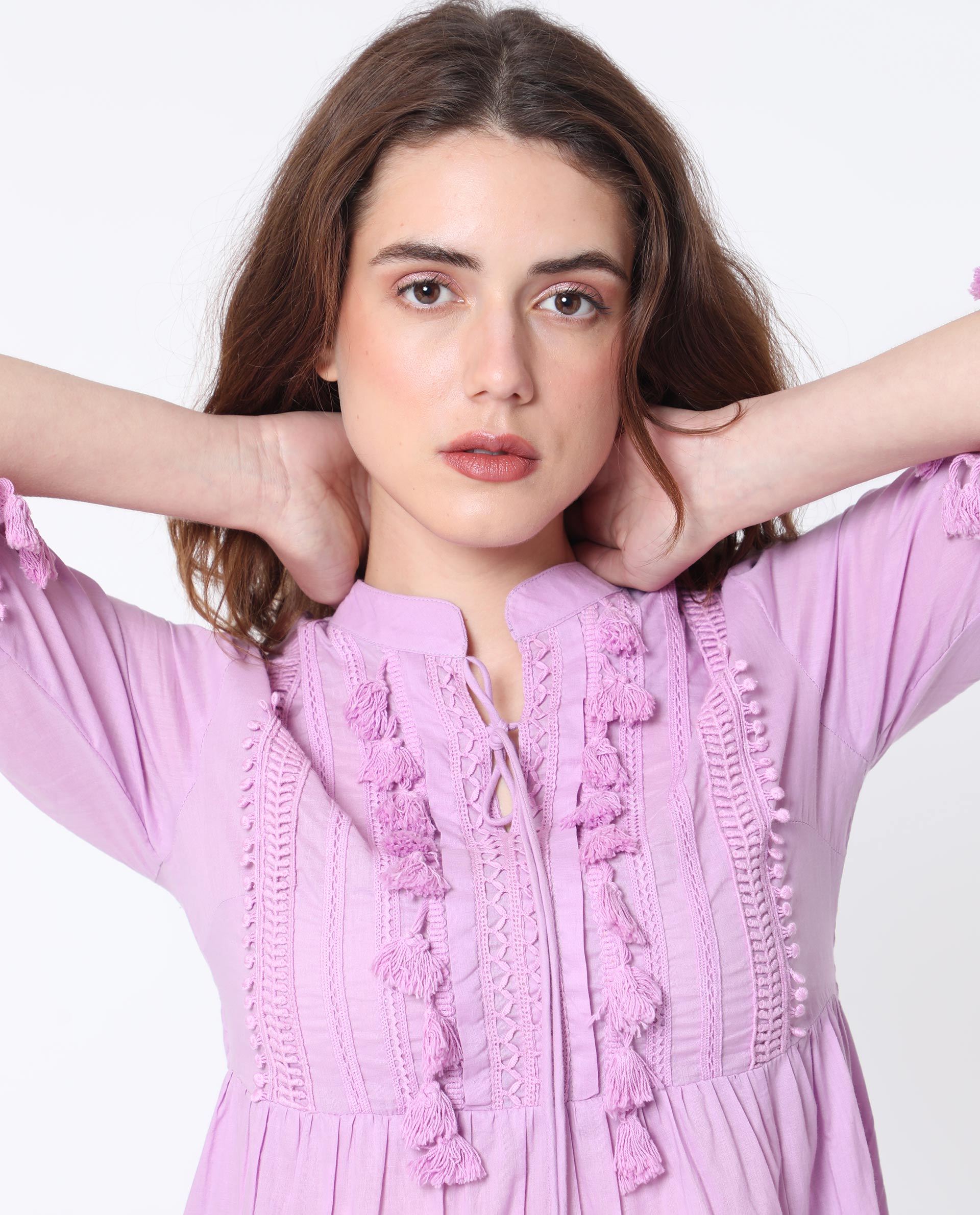 Rareism Women Andarin Light Purple Mandarin Collar With Tie Up Bell Sleeves Tiered Lacy Mini Dress