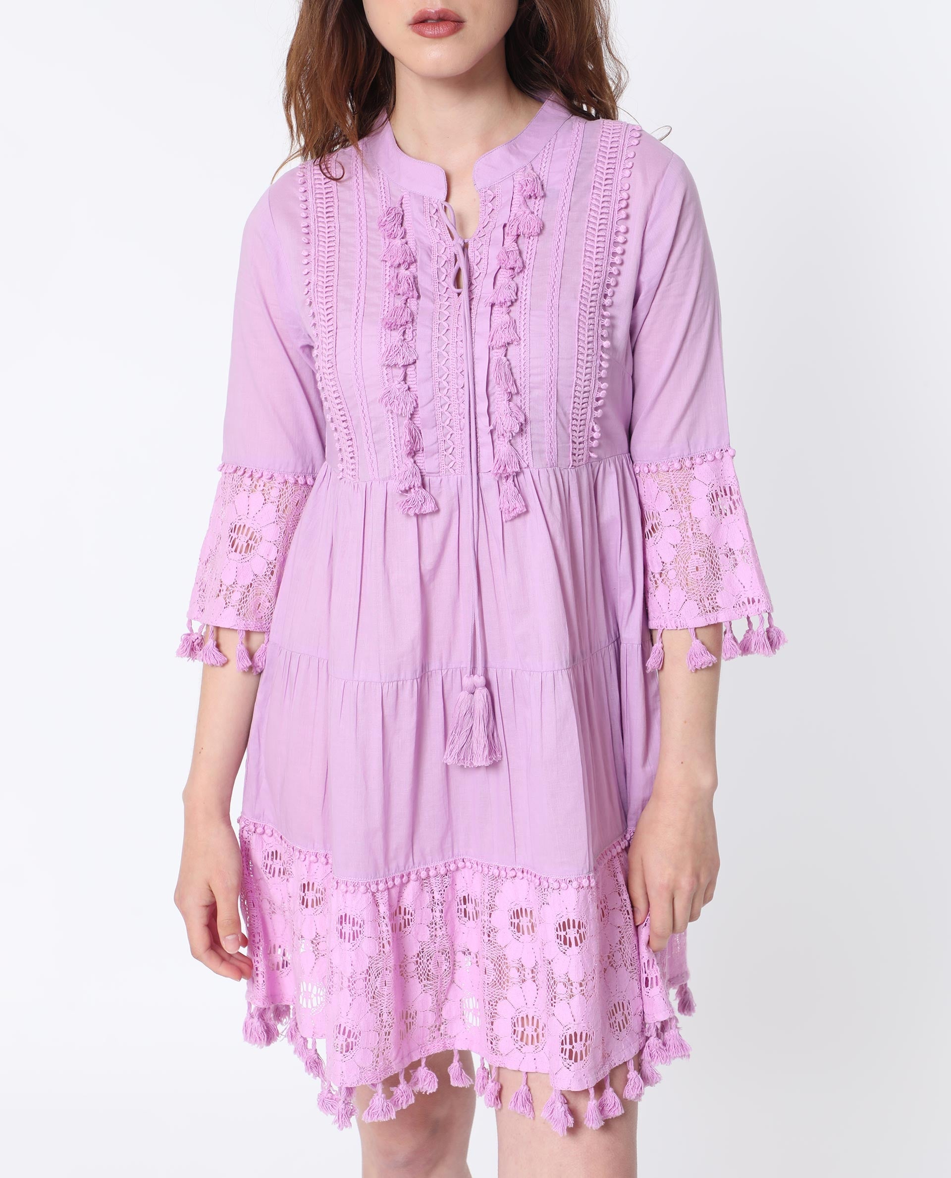 Rareism Women Andarin Light Purple Mandarin Collar With Tie Up Bell Sleeves Tiered Lacy Mini Dress