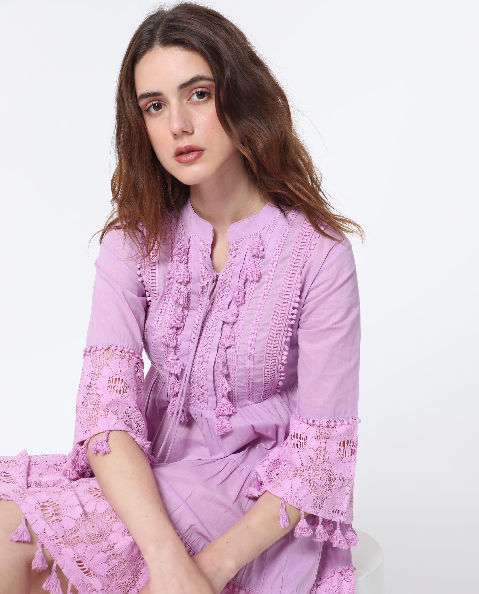 Rareism Women Andarin Light Purple Mandarin Collar With Tie Up Bell Sleeves Tiered Lacy Mini Dress