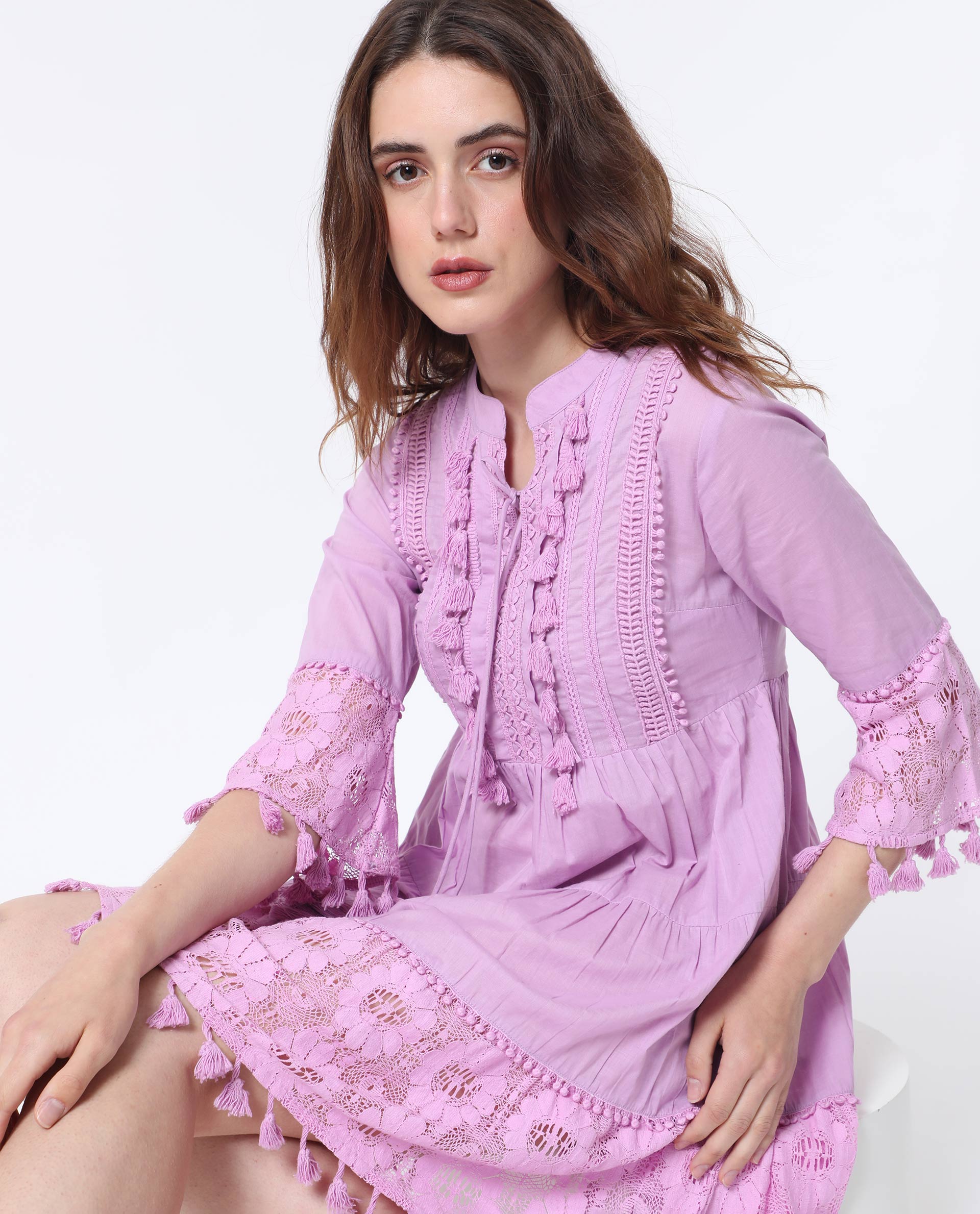 Rareism Women Andarin Light Purple Mandarin Collar With Tie Up Bell Sleeves Tiered Lacy Mini Dress