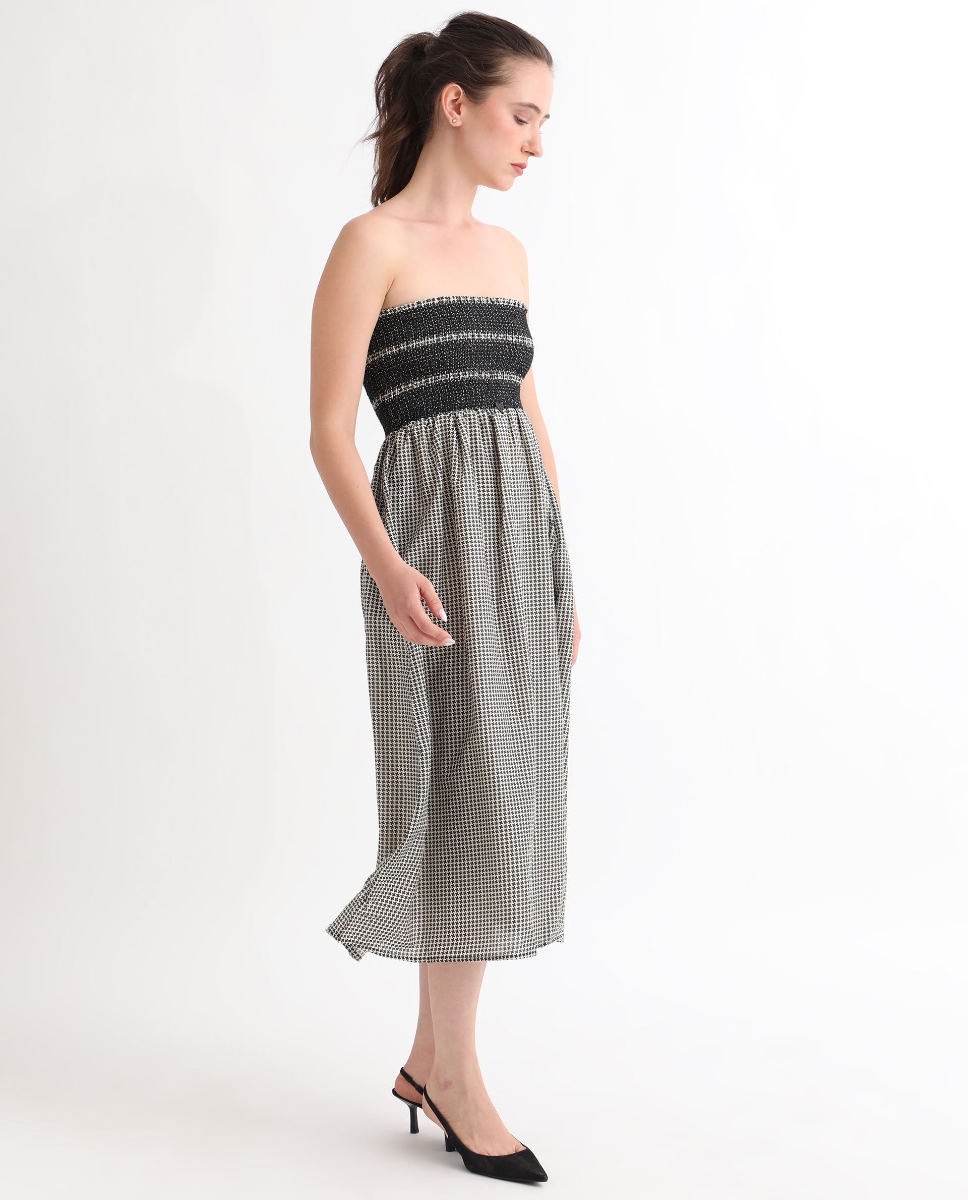 Rareism Women's Anderson Beige Cotton Tube Neck Geometric Print Sleeveless Midi Relaxed Fit Dress