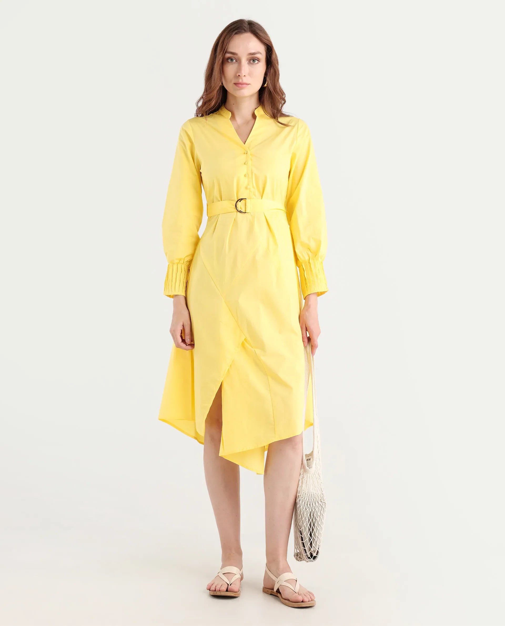 Rareism Women's Andma Yellow Cotton Mandarin Collar Dyed Cuffed Sleeve Midi Fit And Flare Dress