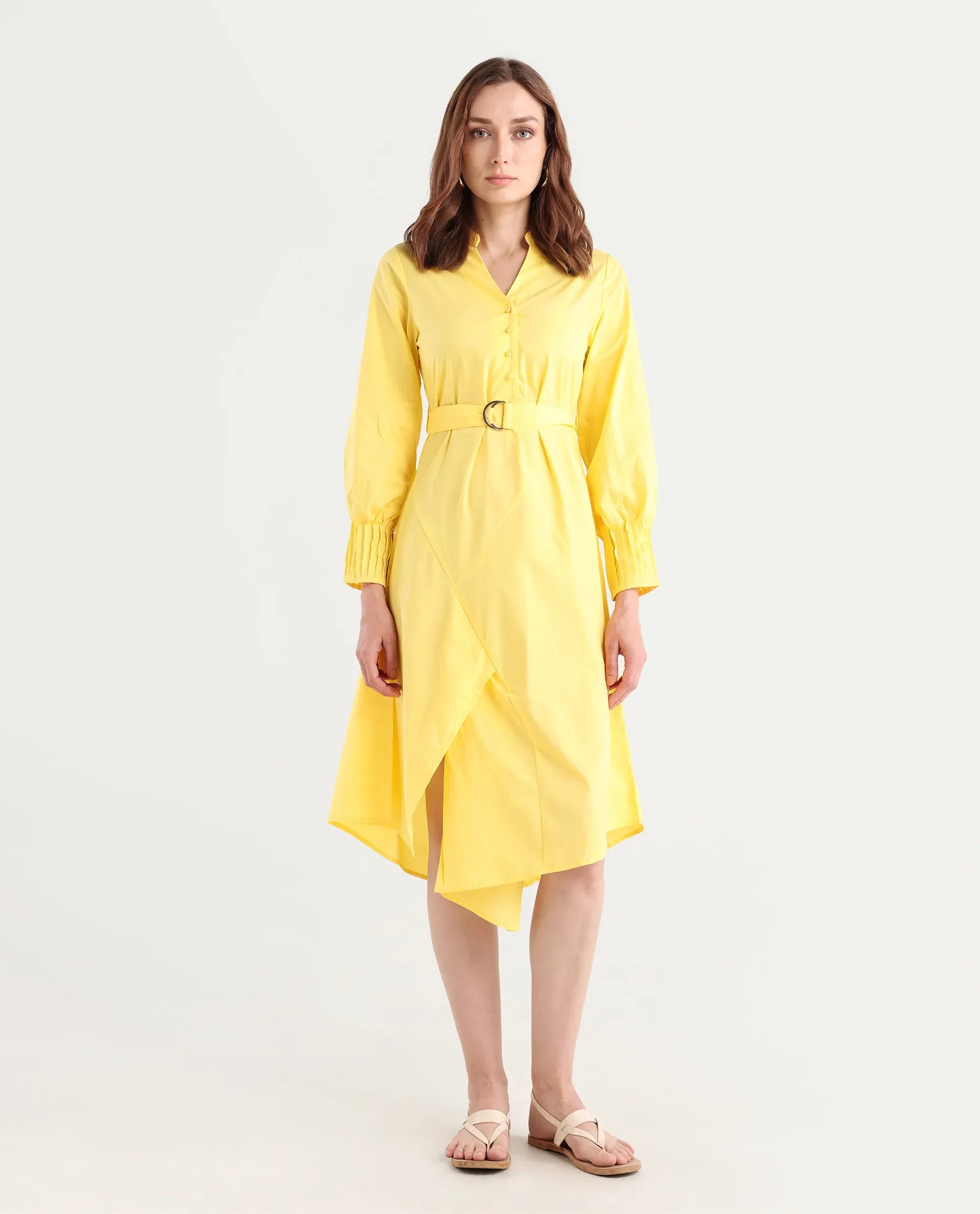 Rareism Women's Andma Yellow Cotton Mandarin Collar Dyed Cuffed Sleeve Midi Fit And Flare Dress
