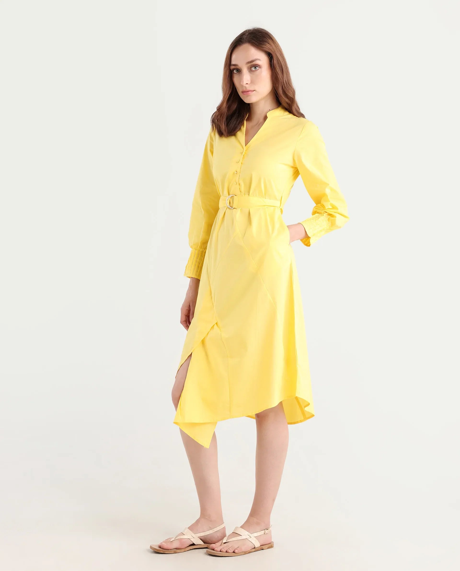 Rareism Women's Andma Yellow Cotton Mandarin Collar Dyed Cuffed Sleeve Midi Fit And Flare Dress