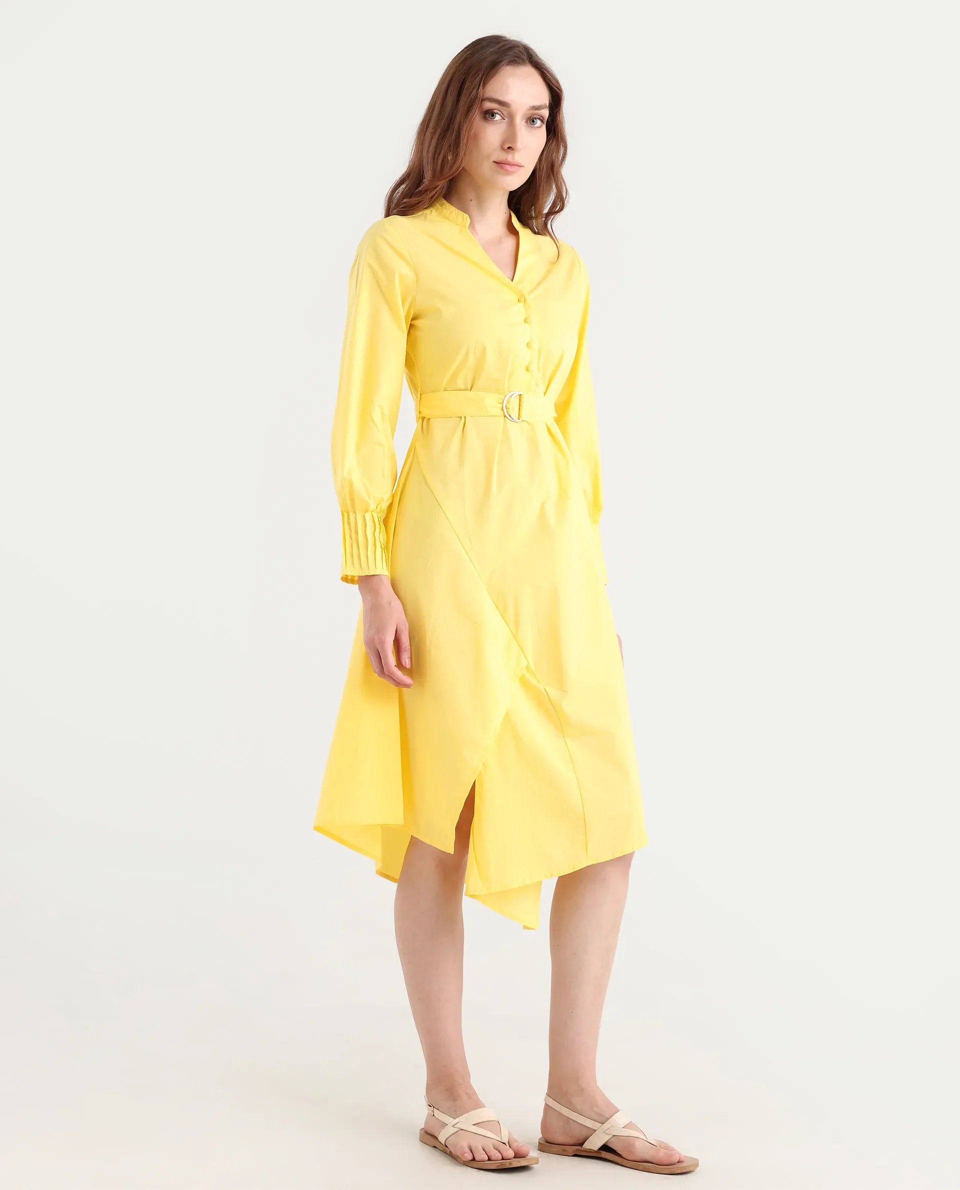 Rareism Women's Andma Yellow Cotton Mandarin Collar Dyed Cuffed Sleeve Midi Fit And Flare Dress