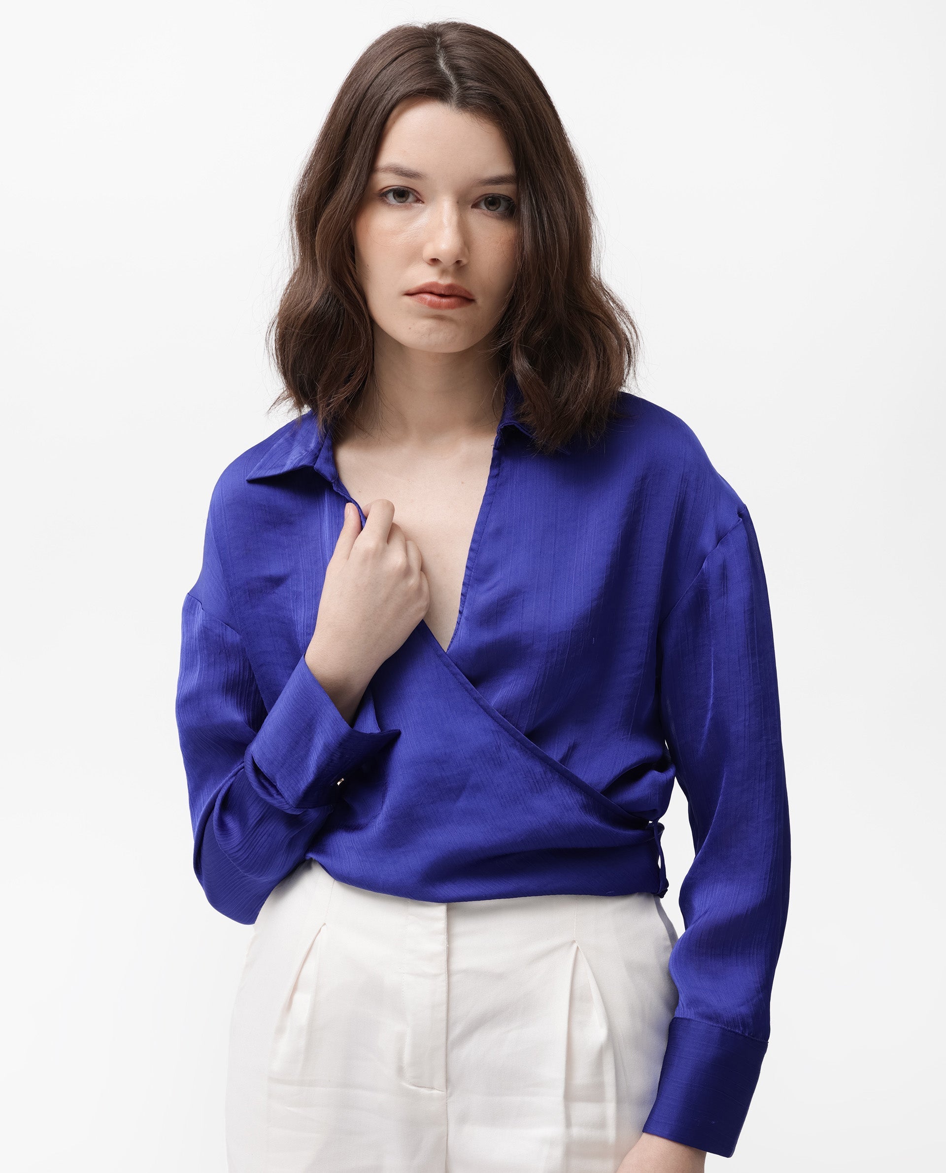Rareism Women's Andreala Dark Blue Polyester Johnny Collar Plain Regular Fit Top