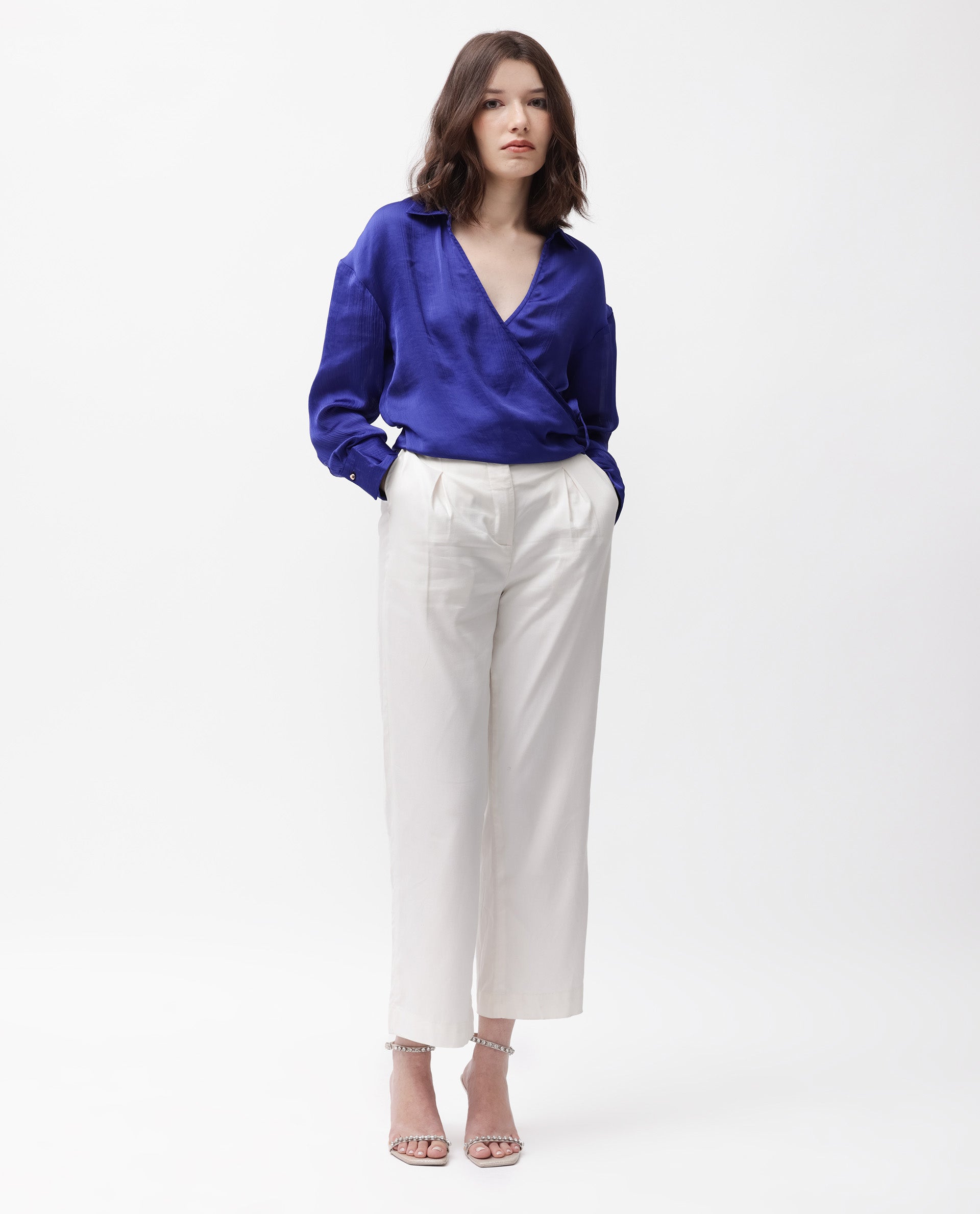 Rareism Women's Andreala Dark Blue Polyester Johnny Collar Plain Regular Fit Top